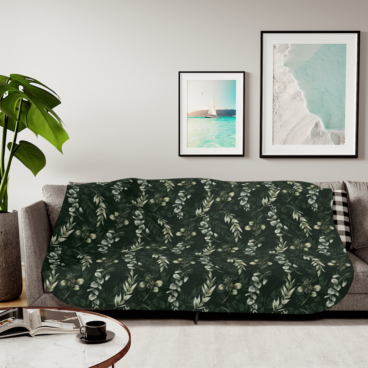 Forest Green Eucalyptus Sherpa Blanket | Dark Sage Botanical Throw