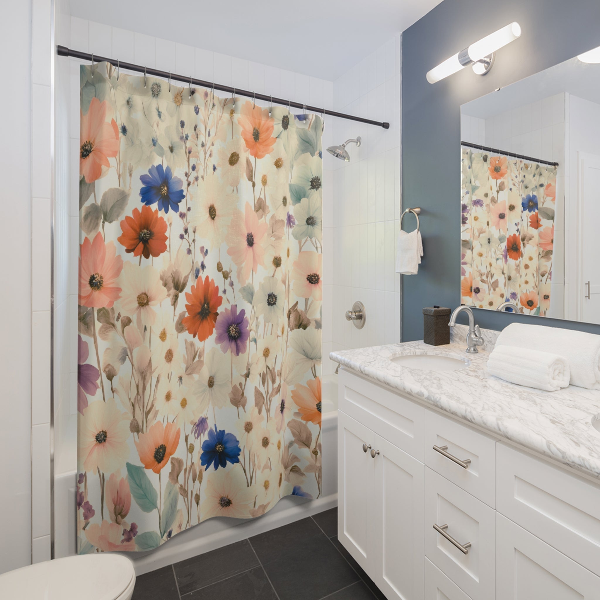 Modern Shower Curtain | Colorful, Beige Floral Bath Curtain