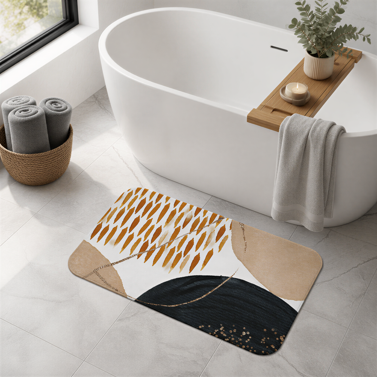 a modern bathroom with a white freestanding bathtub, a wooden tray with a candle, and a decorative rug on the floor.