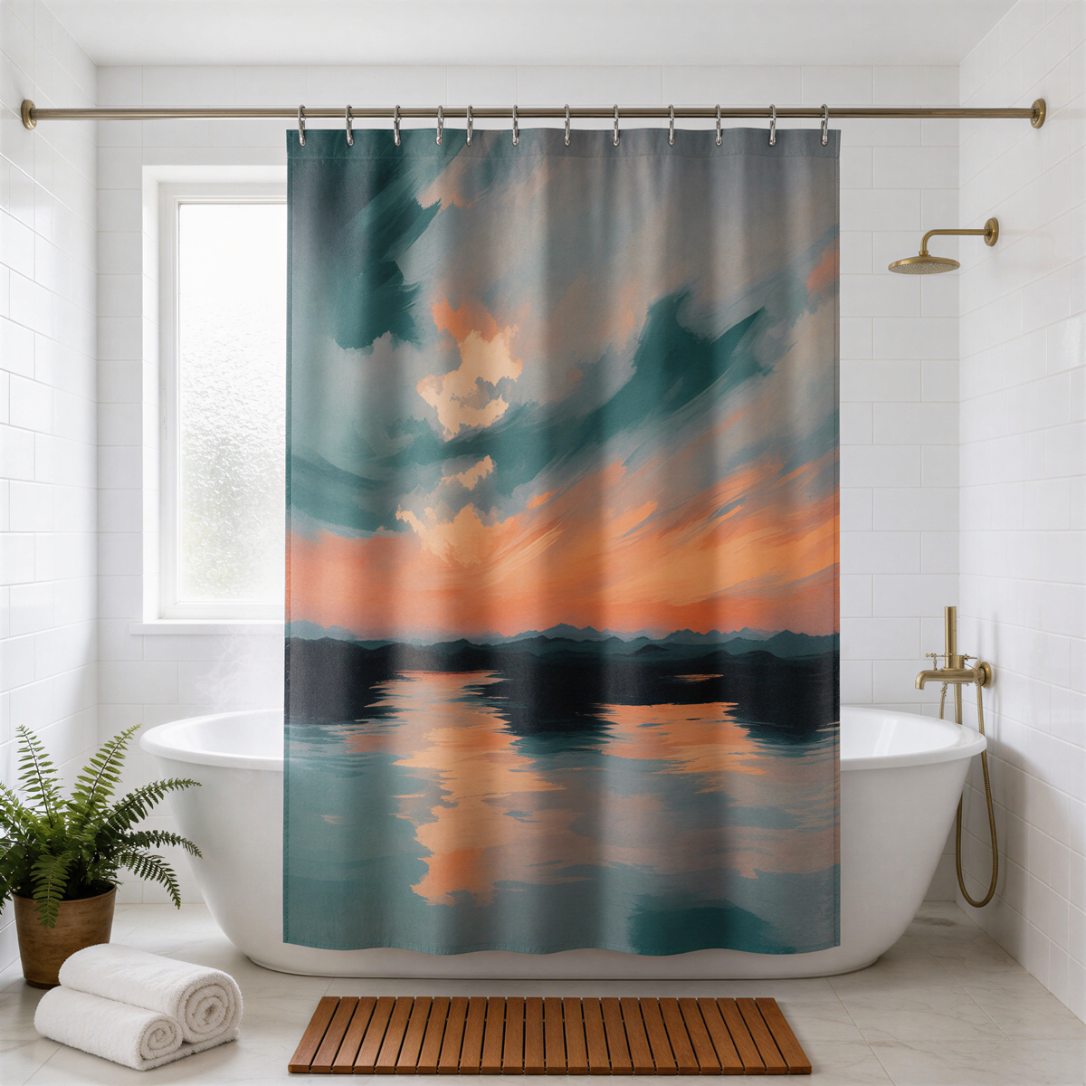 a bathroom with a white bathtub, a shower curtain with a sunset landscape, and a wooden mat on the floor.