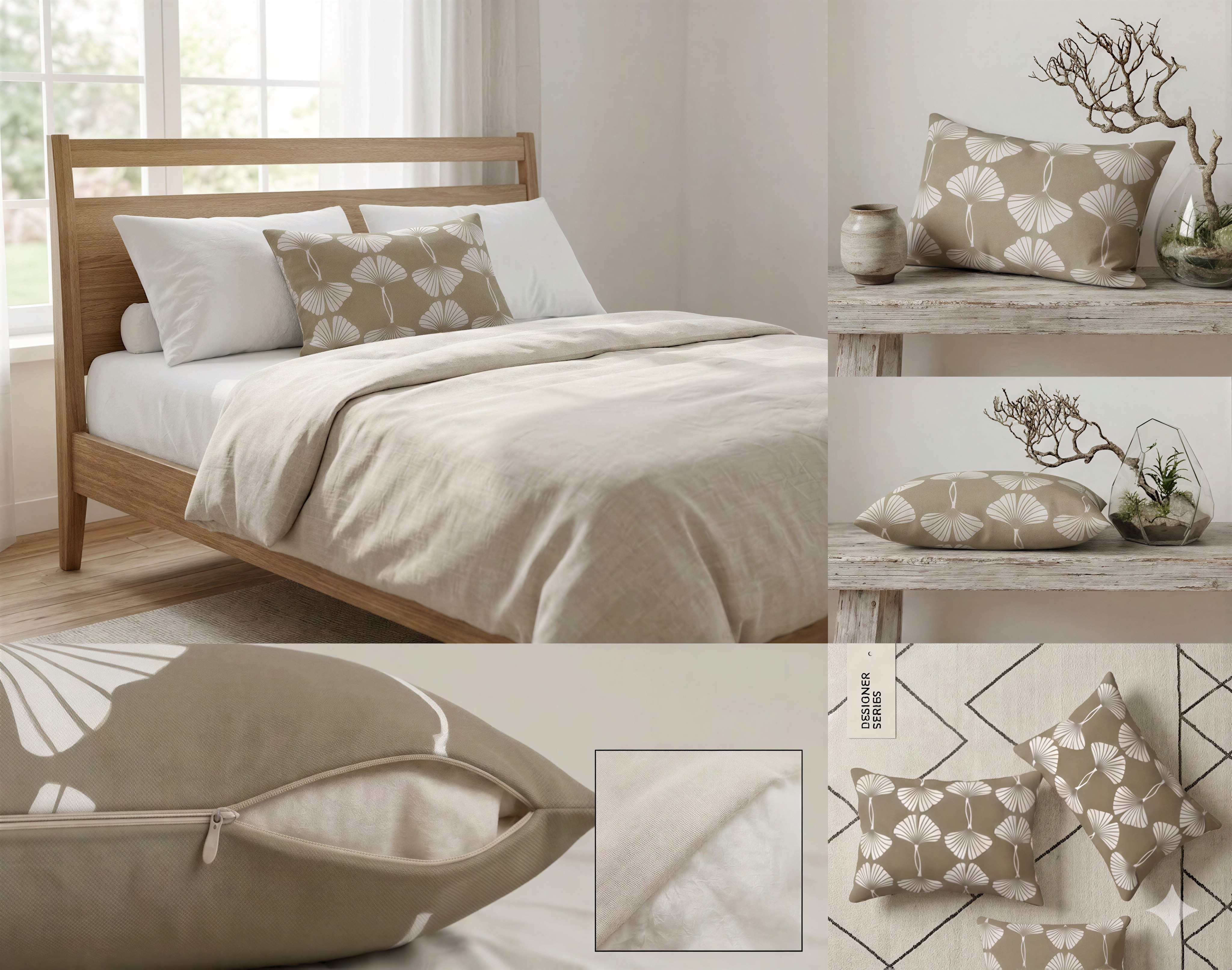 The image is a collage of four photos showcasing a bedroom with a wooden bed frame, white bedding, and decorative pillows.