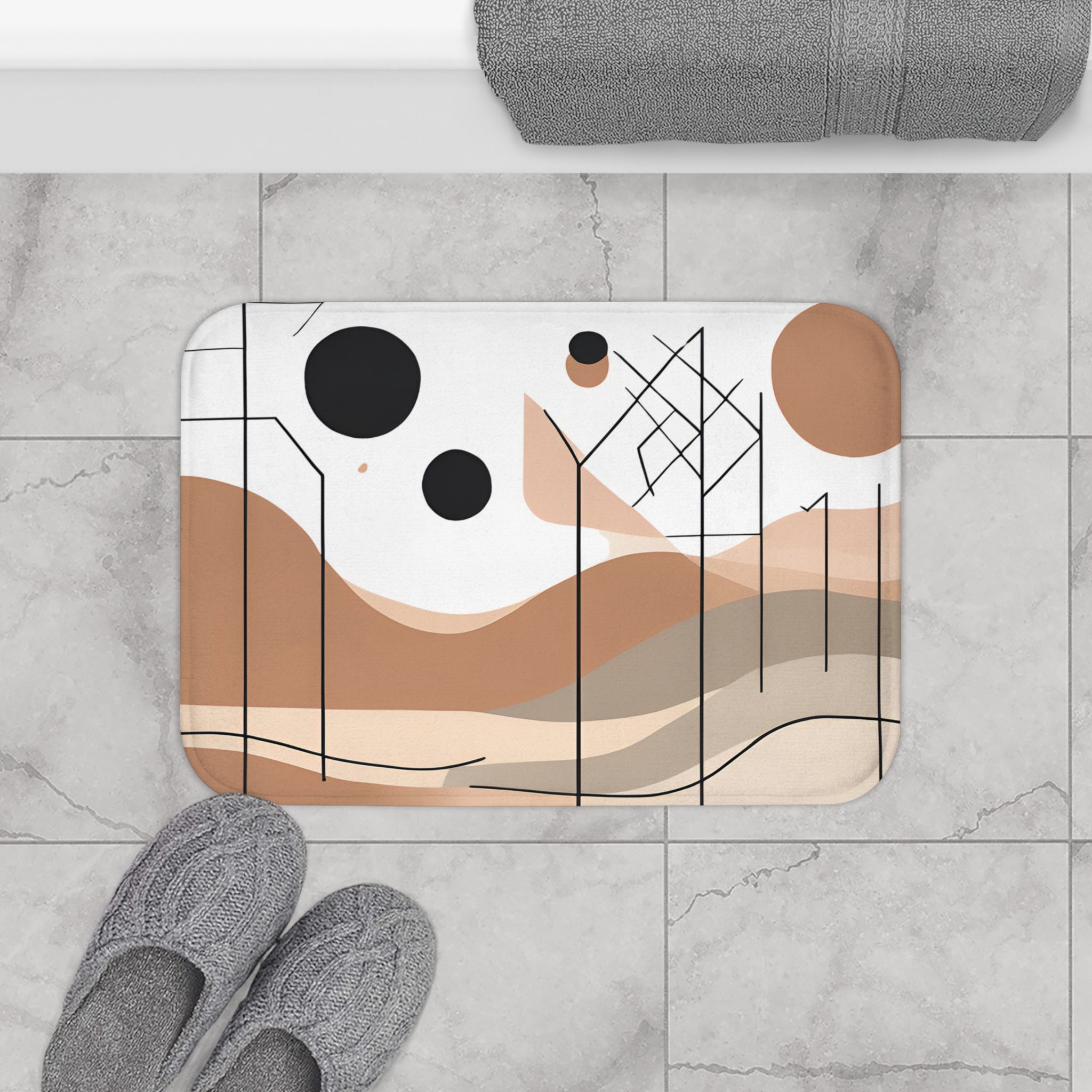 Boho Geometric Bath Mat | Beige Black Tan, White Kitchen Mat