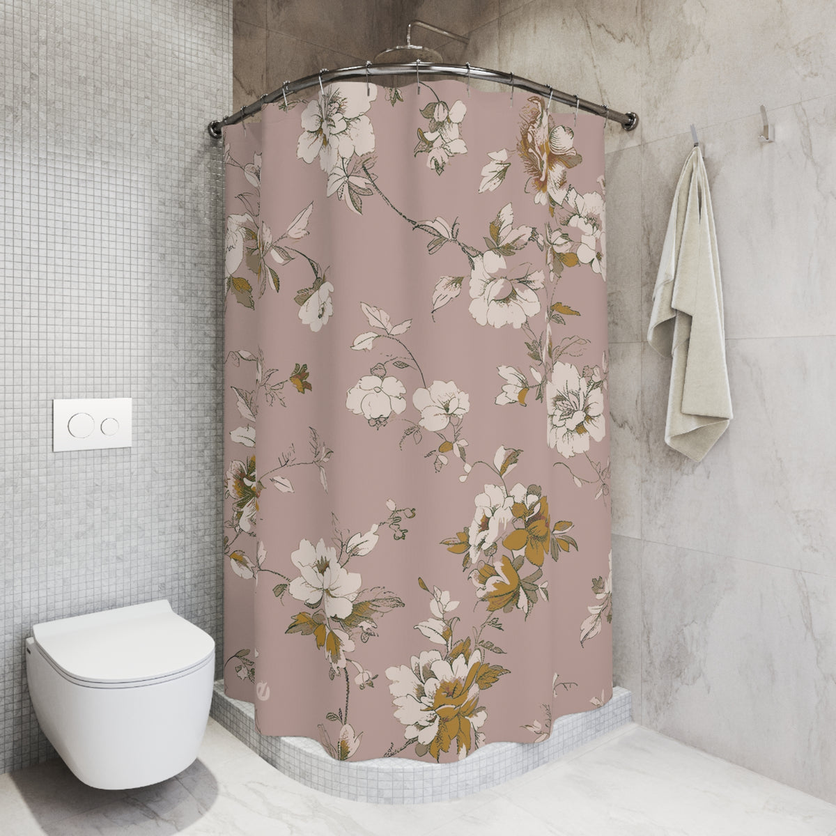 a bathroom with a shower curtain adorned with a floral pattern in shades of pink and white. The shower curtain is hanging from a rod next to a towel. The bathroom also includes a toilet and a sink.