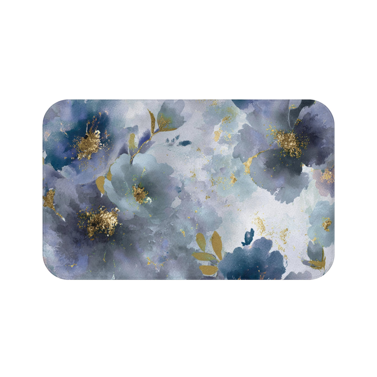 a floral pattern with blue and gold elements, including flowers and leaves.