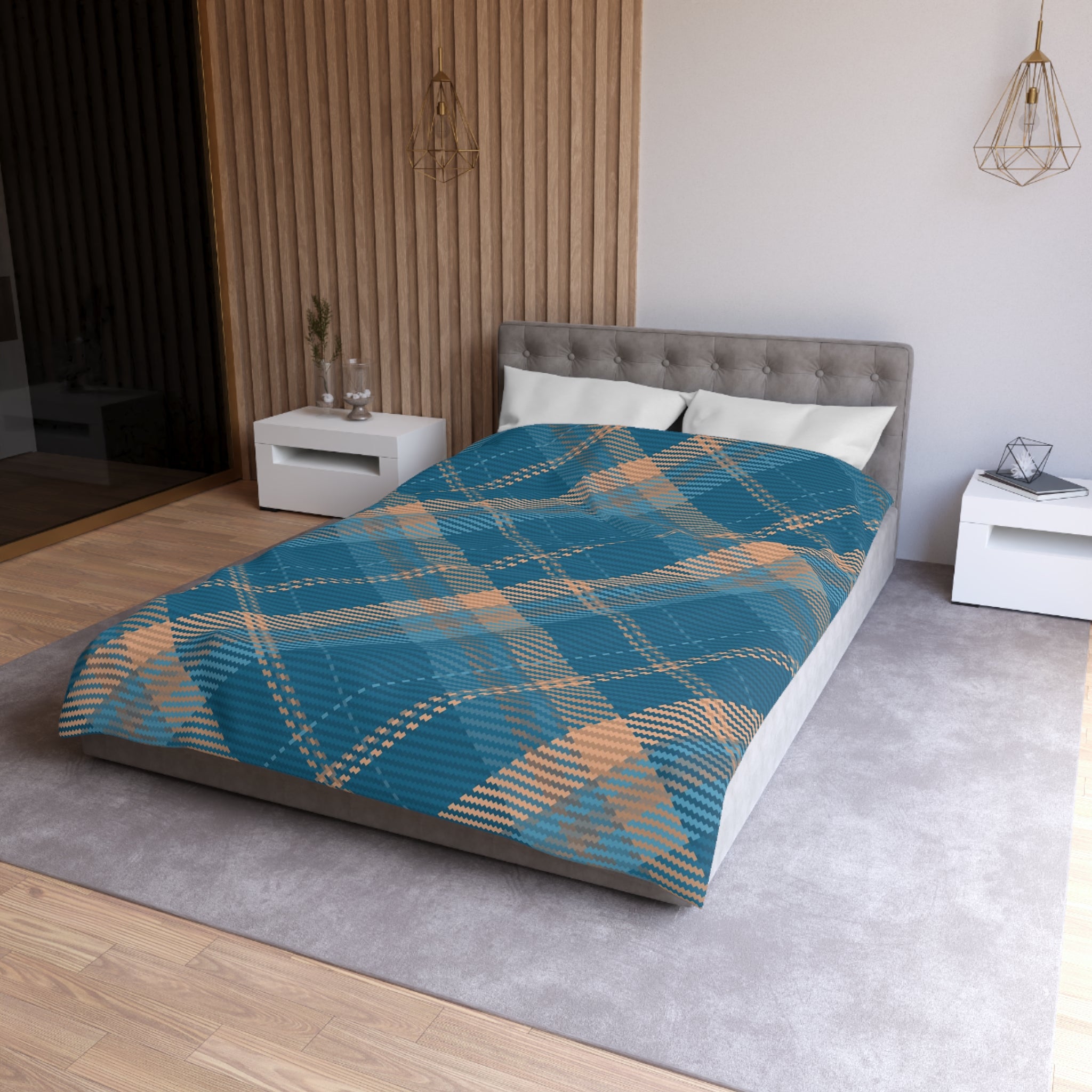 Plaid Duvet Cover | Vintage Blue, Peach | Bedroom Decor