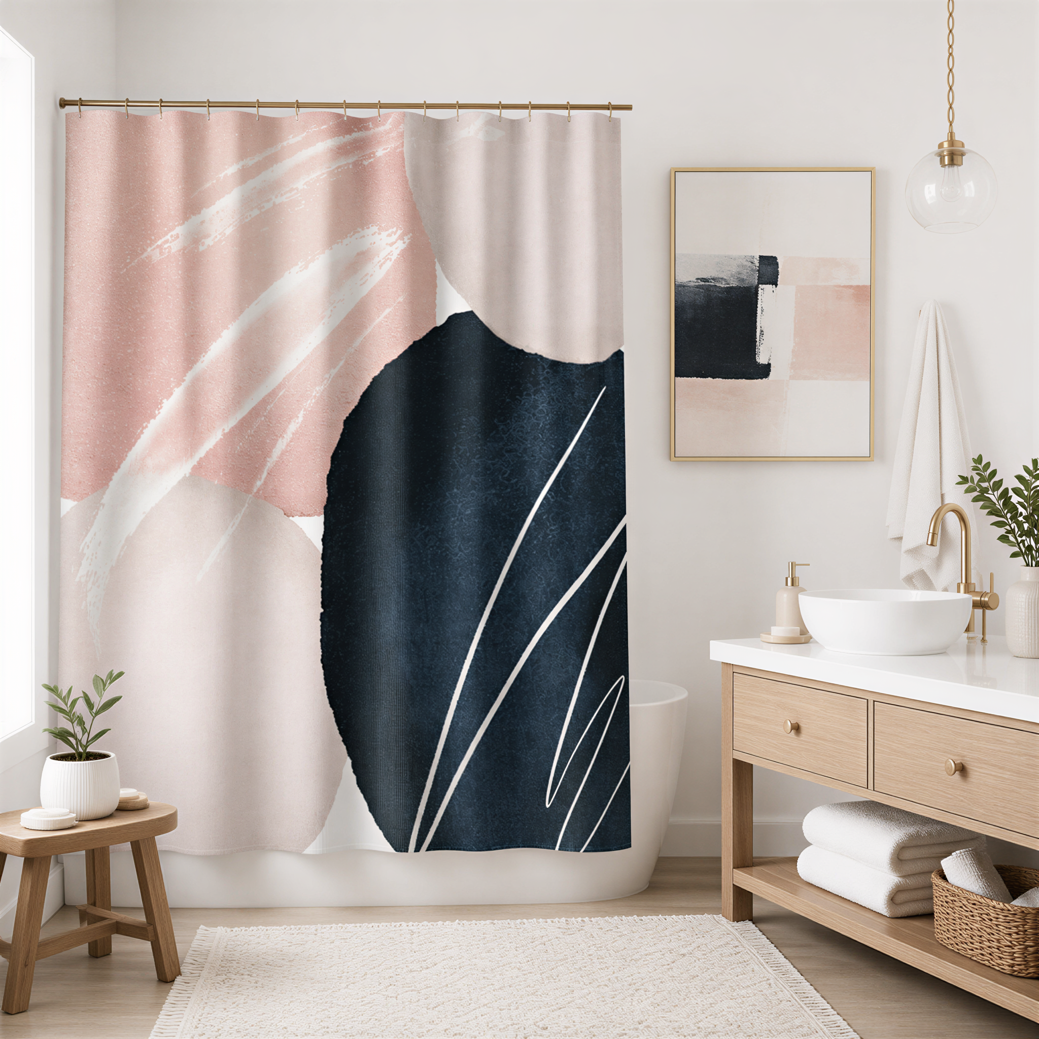a modern bathroom with a white bathtub, a wooden vanity, and a large abstract shower curtain featuring a mix of pink, blue, and black colors.