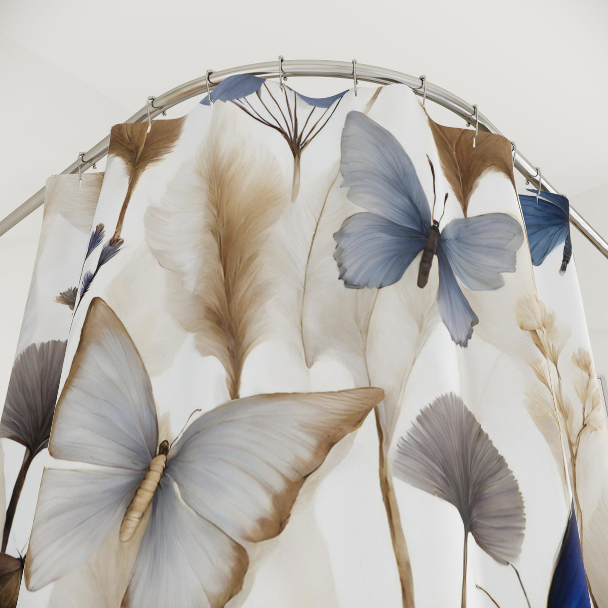 a shower curtain with a butterfly design, including various shades of blue and brown butterflies.