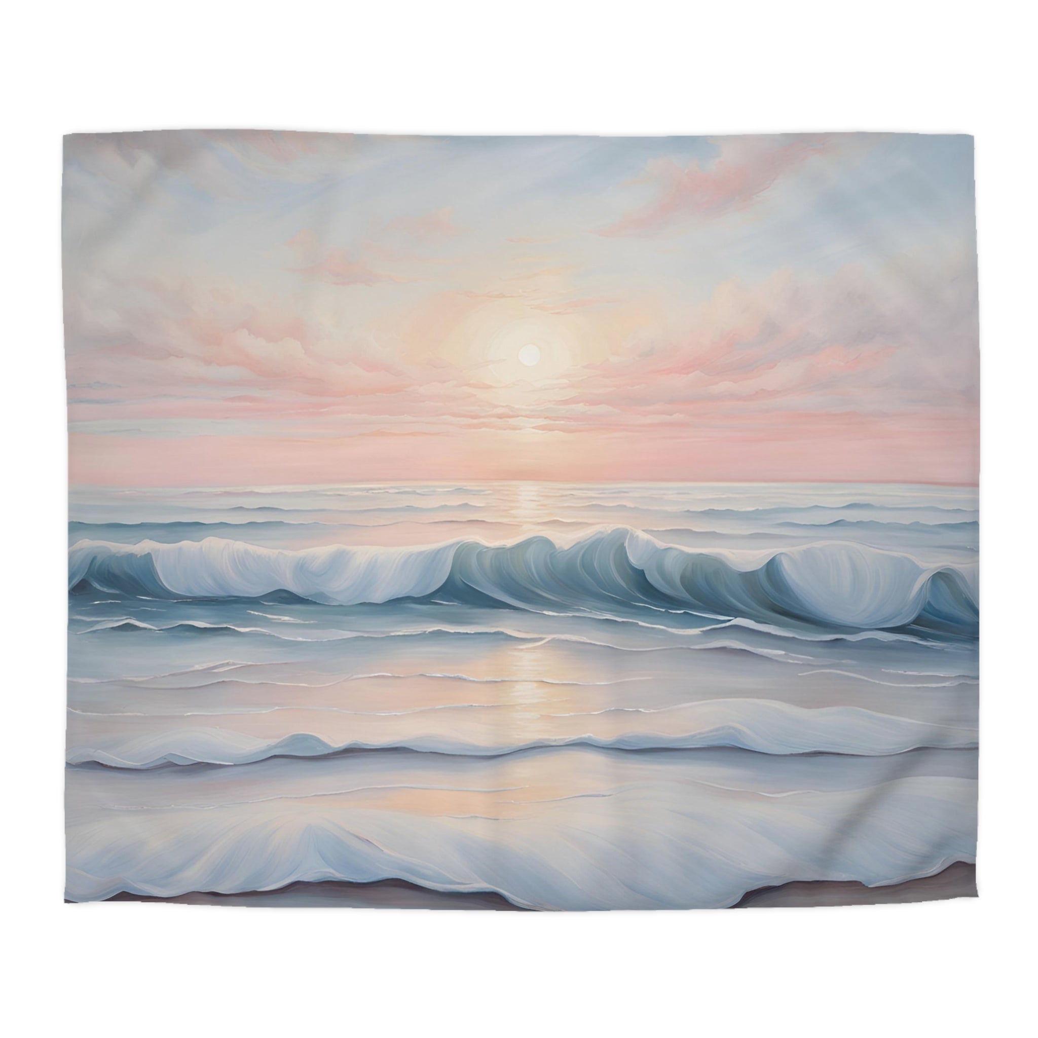a serene ocean scene with waves gently crashing onto the shore, creating a beautiful reflection on the water's surface. The sky above is a stunning gradient of pink and blue, with the sun setting in the background, casting a warm glow over the entire scene.