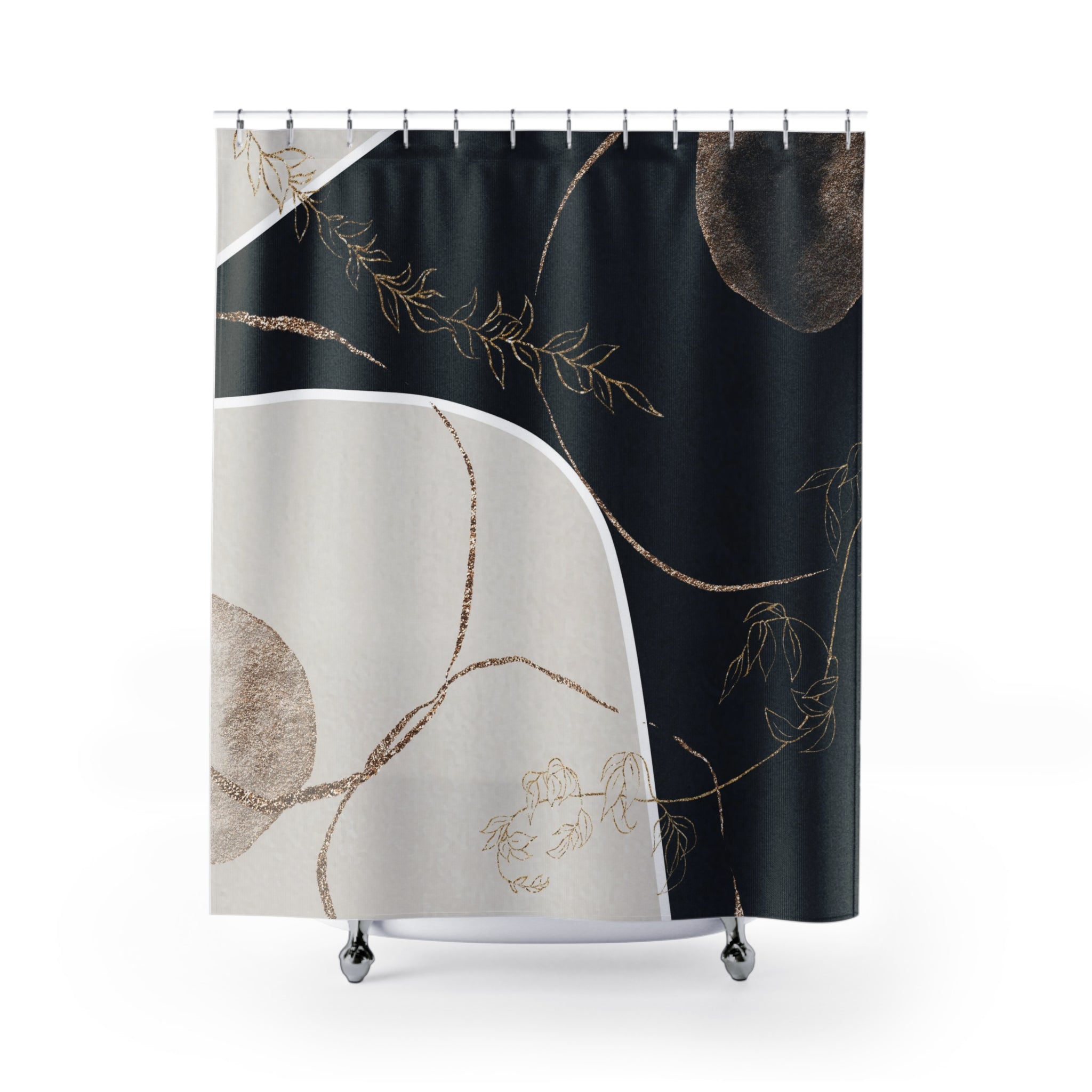 Boho Abstract Art Shower Curtain | Muted Gold Beige Black Line Art