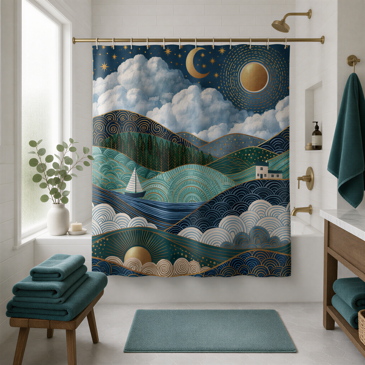 a bathroom with a large, colorful shower curtain featuring a night sky, clouds, and a sailboat. The curtain is hanging from a rod above a bathtub, and there are blue towels and a potted plant in the room.