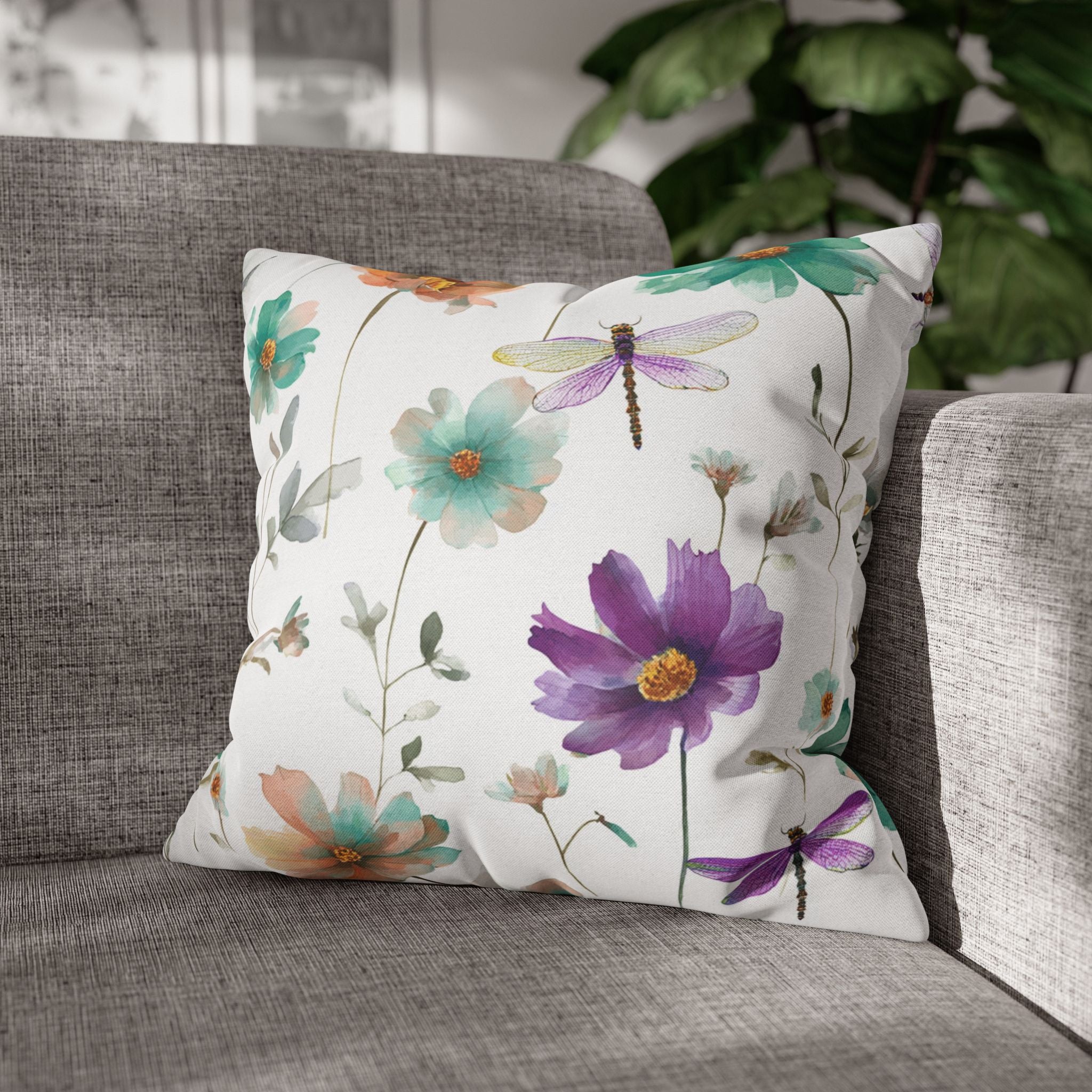 Floral Pillow Cover | Green Purple Watercolor Pillowcase