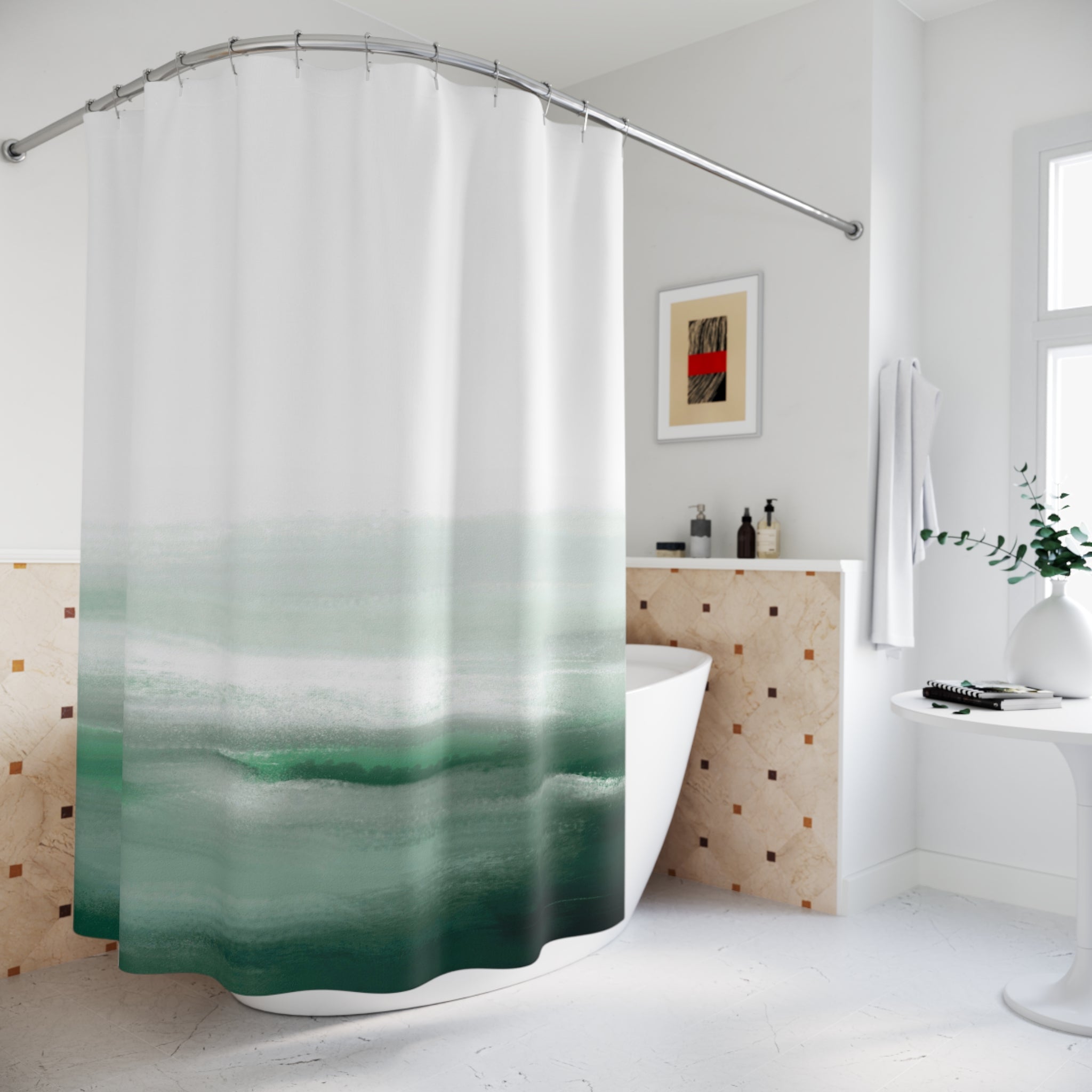 Abstract Shower Curtain | Emerald Green White Ombre Ocean