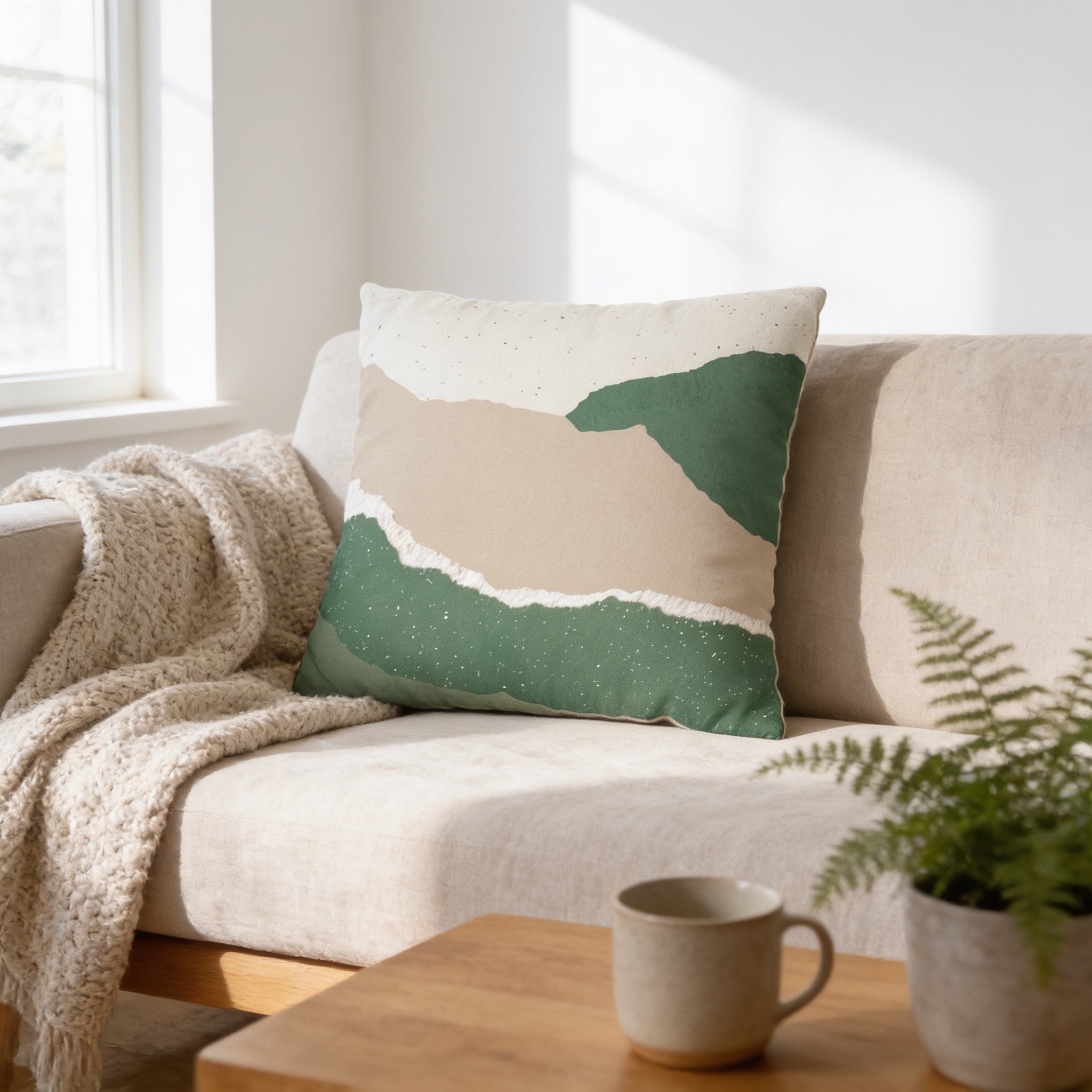 a cozy living room with a beige sofa, a wooden coffee table, and a decorative throw pillow with a green and beige design.