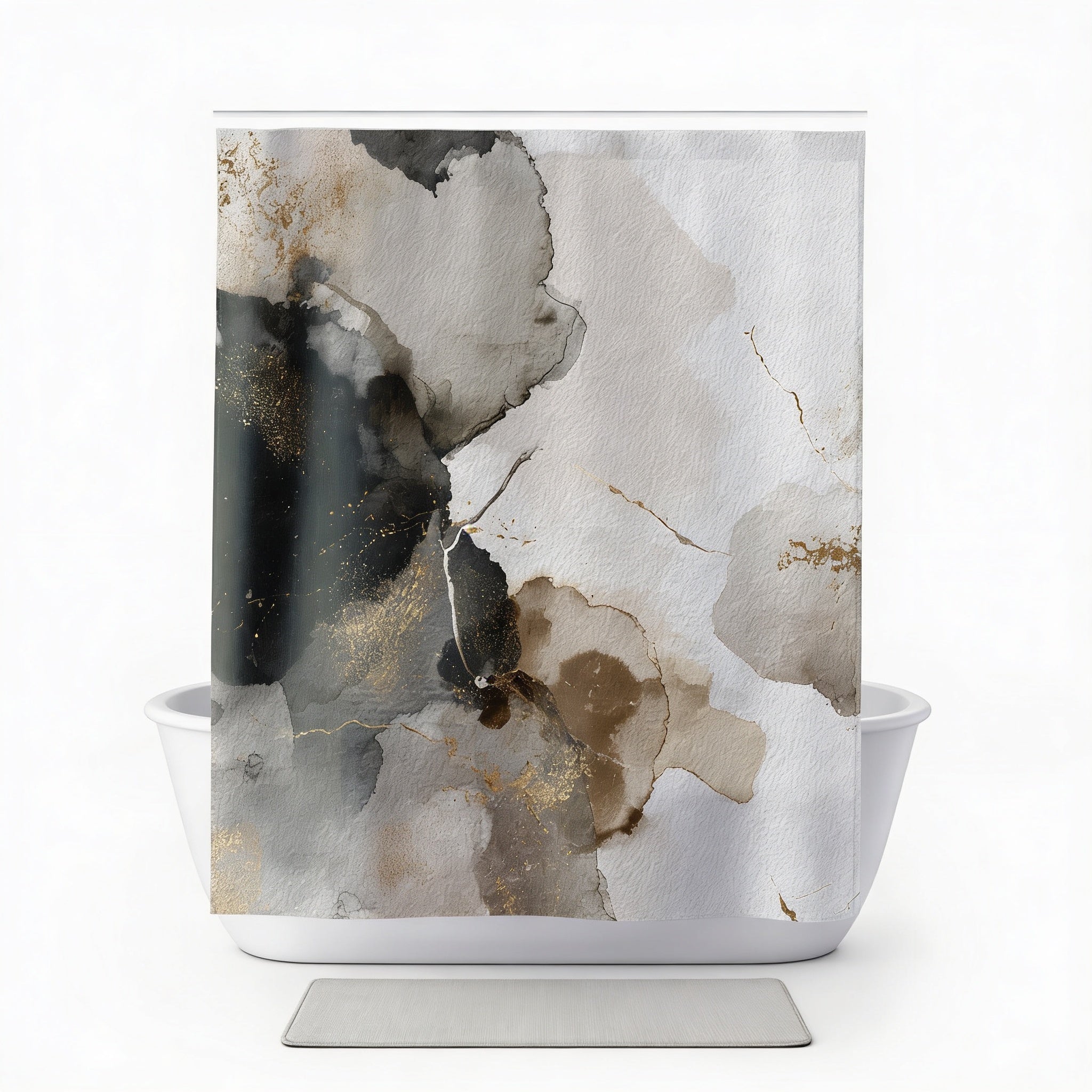 a white bathtub with a shower curtain featuring an abstract, colorful design in shades of gray, black, and gold.