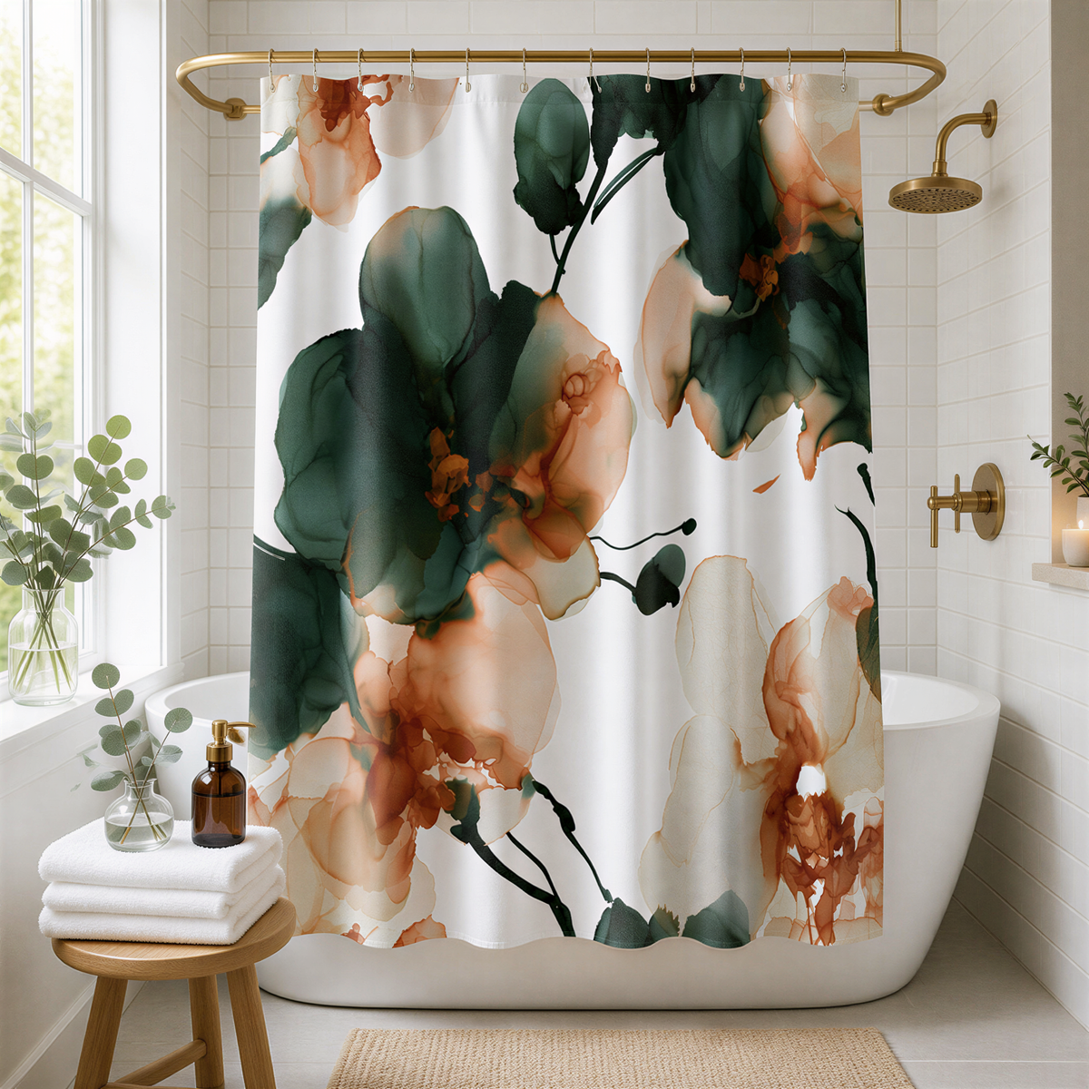 a bathroom with a shower curtain adorned with a floral pattern in shades of green and orange. The shower curtain is hanging from a gold rod, and there is a small table with a brown bottle and a stack of white towels nearby. The bathroom also includes a white bathtub and a window with greenery visible outside.