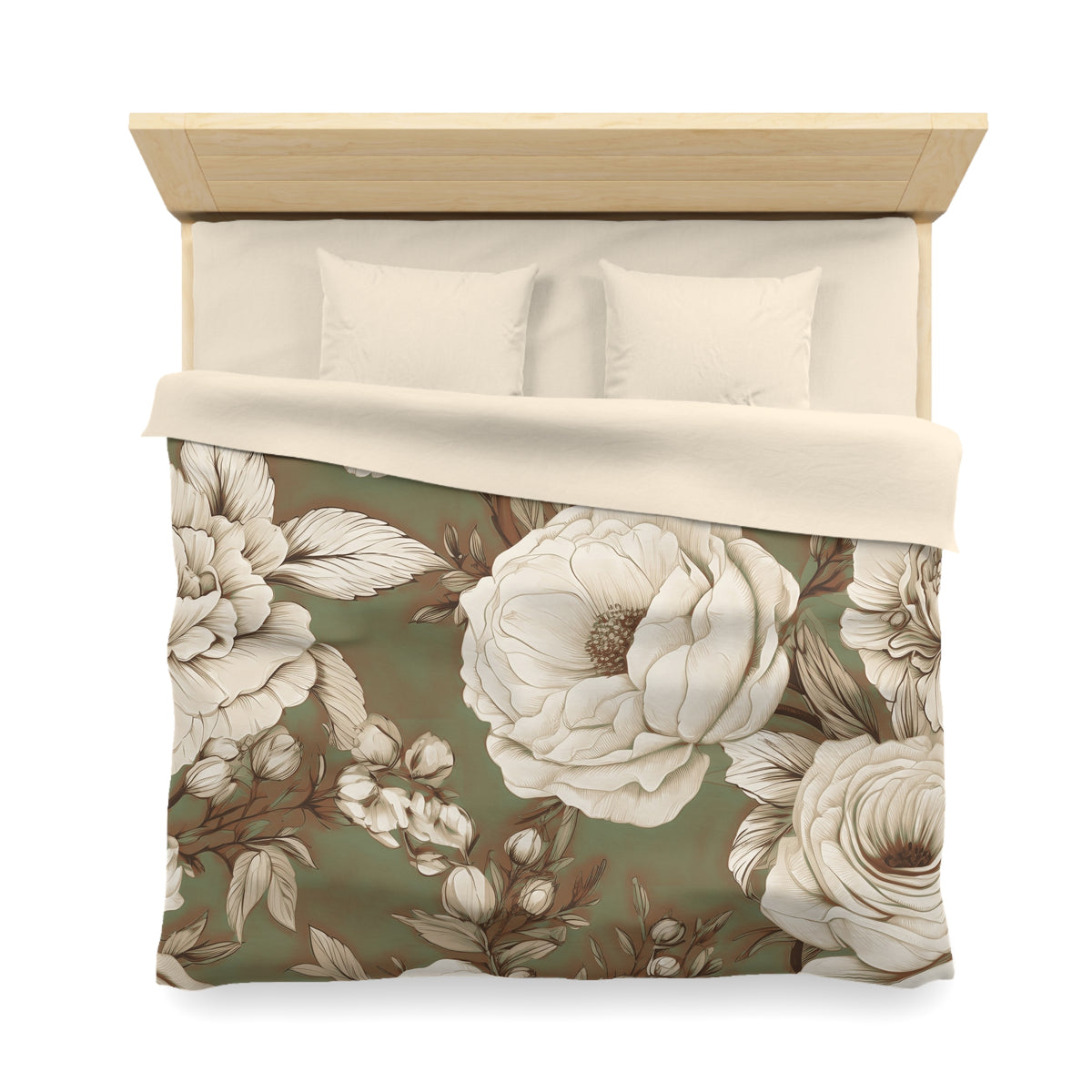 a bed with a floral print bedspread featuring white and brown flowers and leaves.