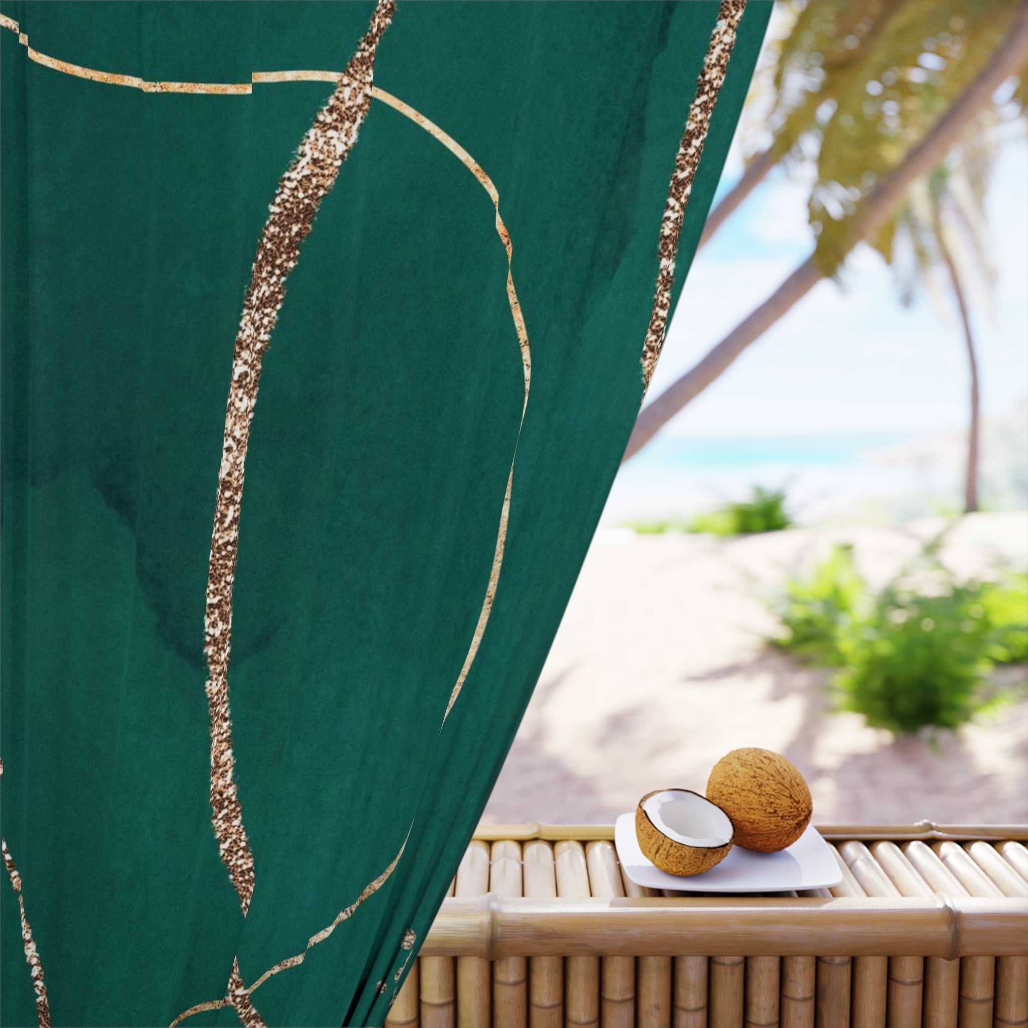 Abstract Window Curtain | Modern Green, Muted Gold Watercolor