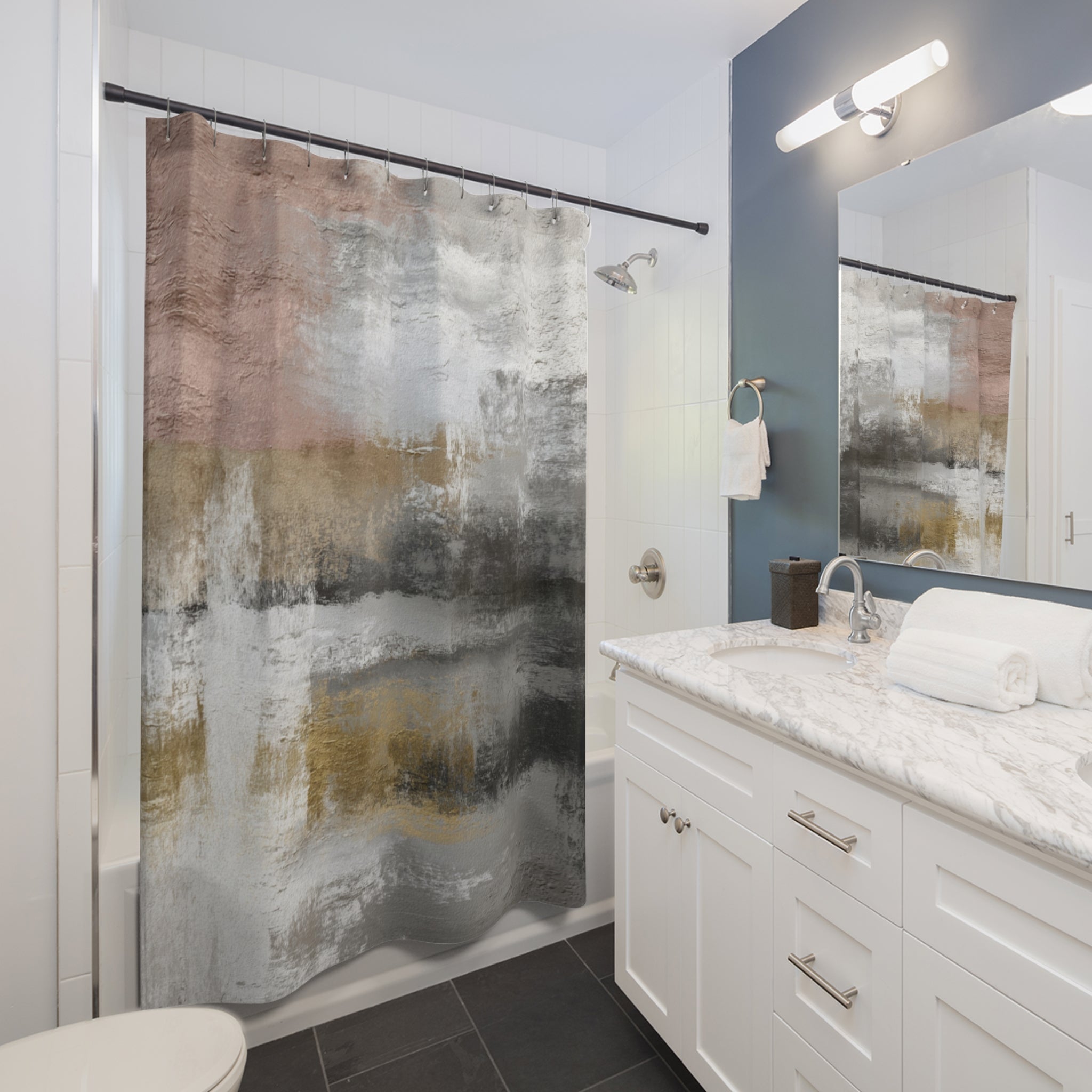 Aesthetic Shower Curtain | Grey White, Pink Rustic Abstract Art