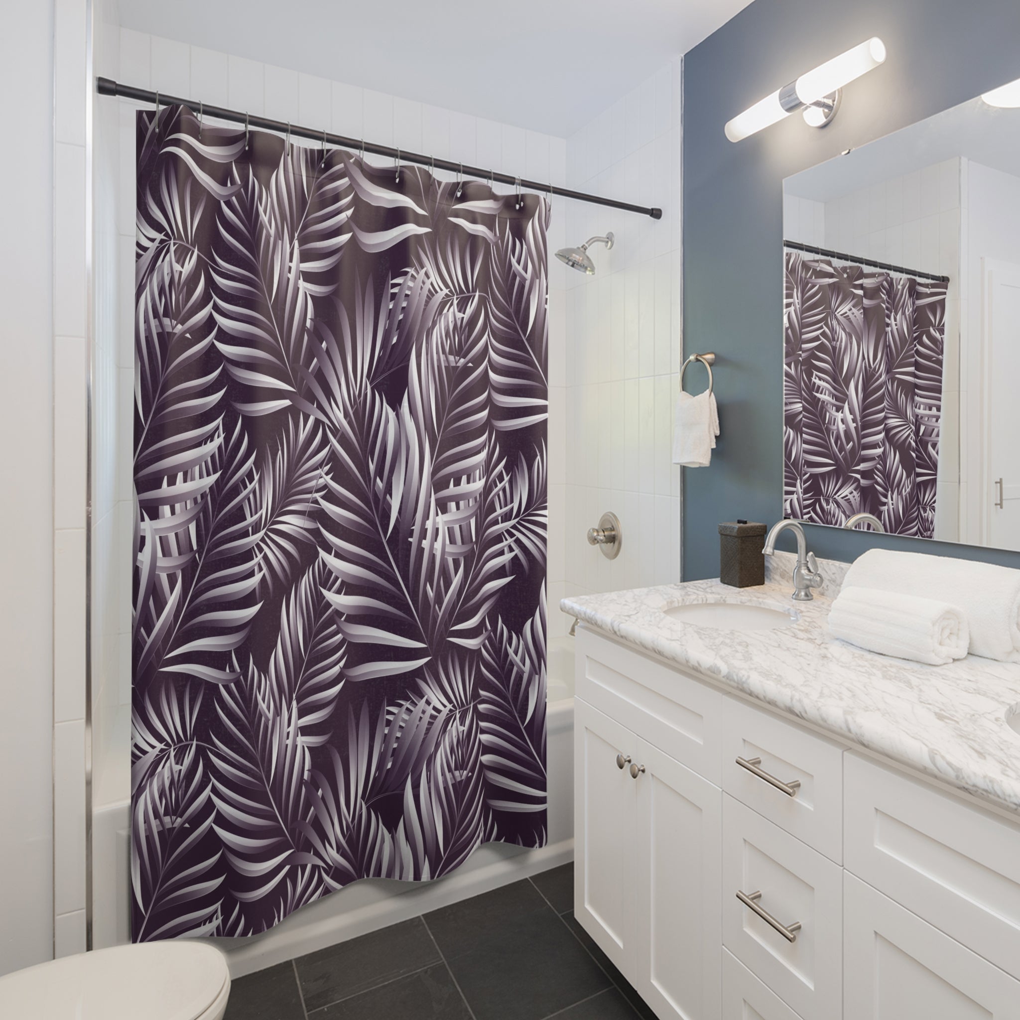 Floral Shower Curtain | Purple Tropical Leaves Bathroom Decor