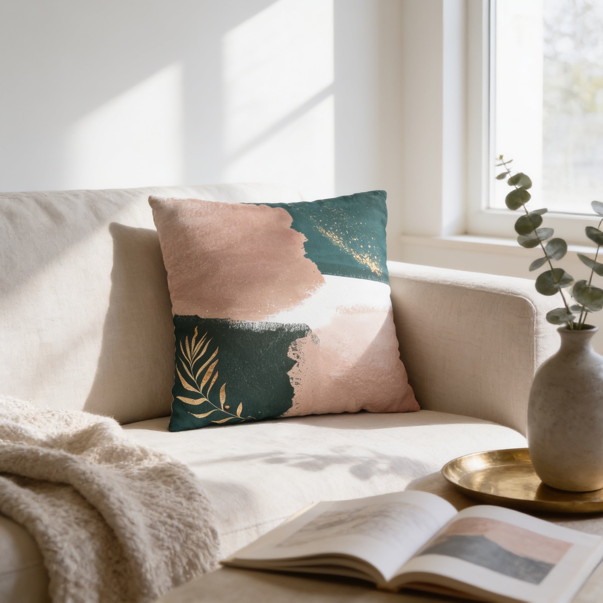 a cozy living room with a beige sofa, a green and pink throw pillow, a white vase with greenery, and an open book on a coffee table.