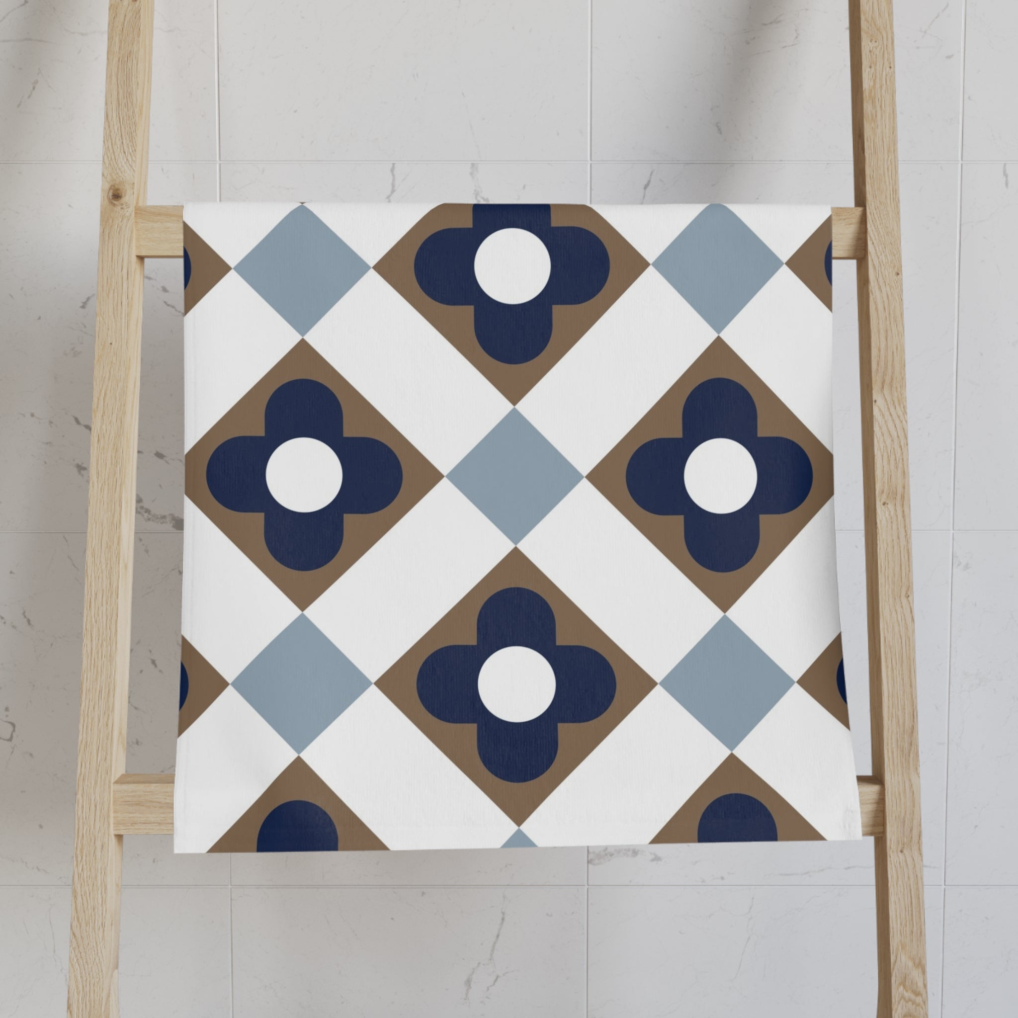 Retro Kitchen, Bath Hand Towel | Vintage Art Deco, Nouveau Blue, Beige White