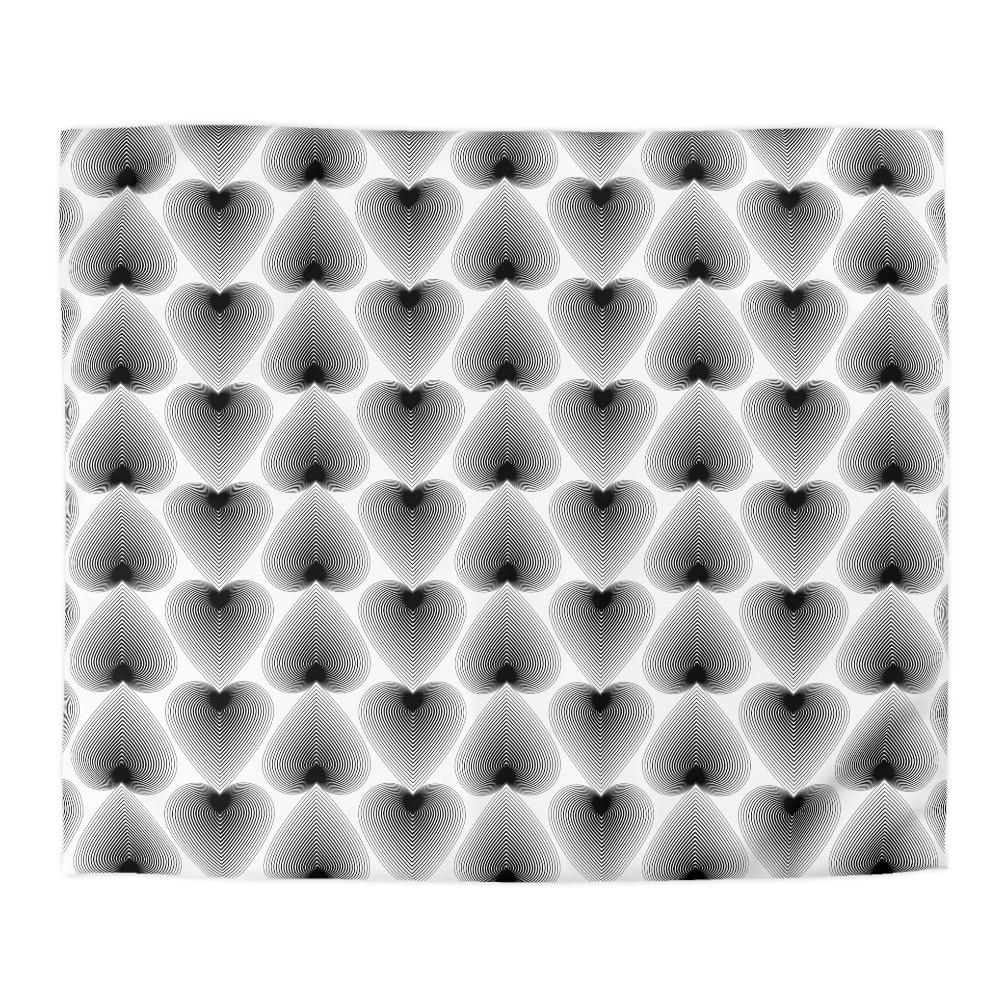 a repeating pattern of black and white hearts arranged in a grid-like fashion.