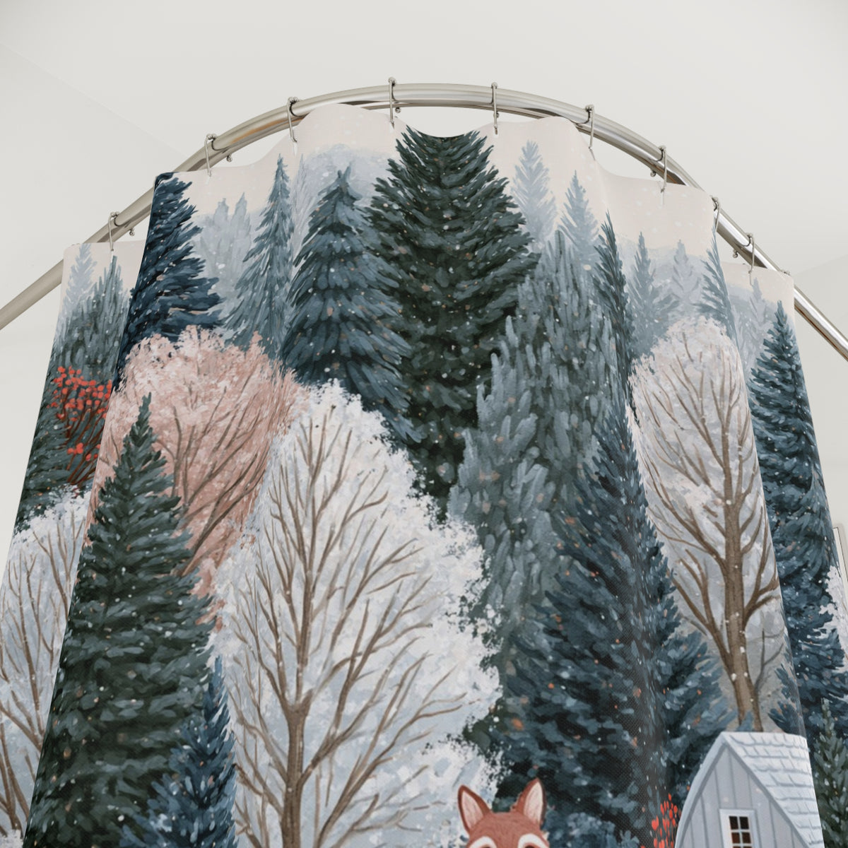 Fox Cabin Winter Woodland Shower Curtain, Bath Curtain 71x74