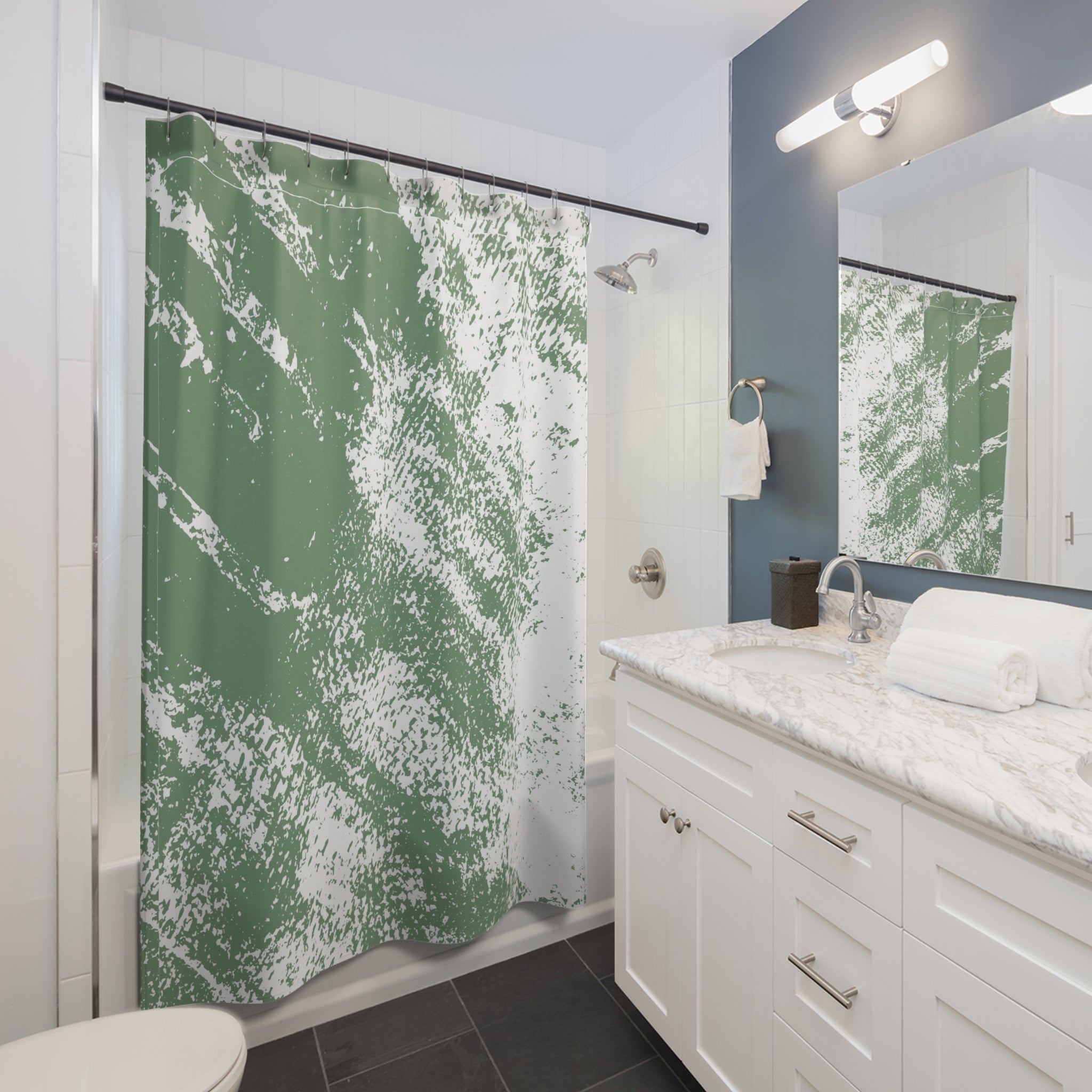 Sage Green White Shower Curtain | Minimalist Fabric Curtain