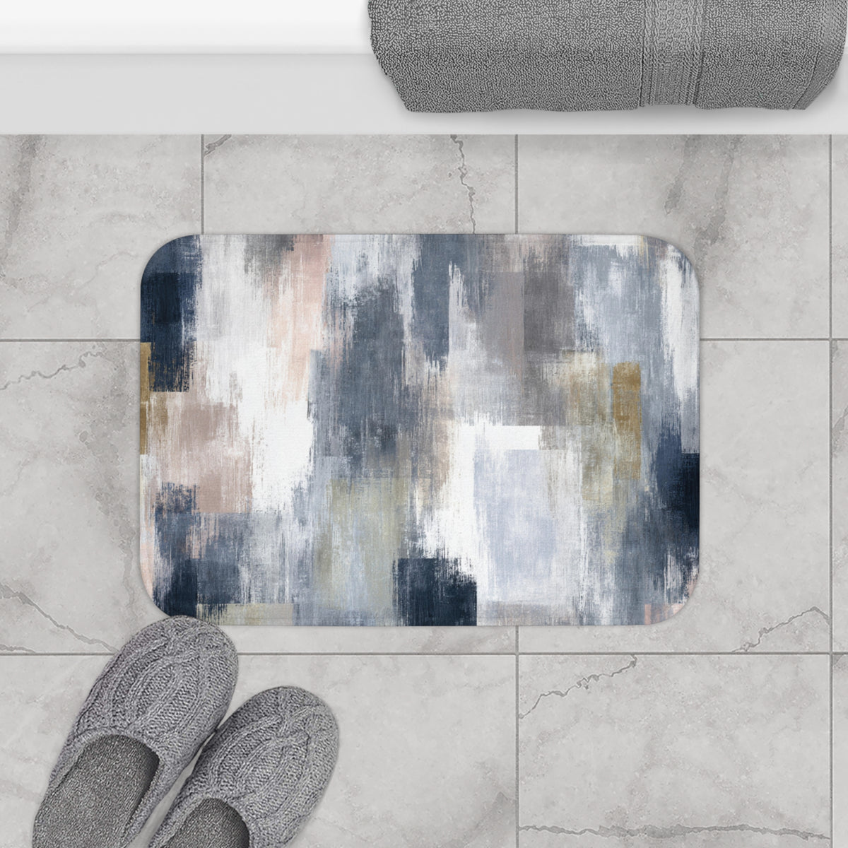 Navy Slate Blush Abstract Bath Mat, Modern Bathroom Rug
