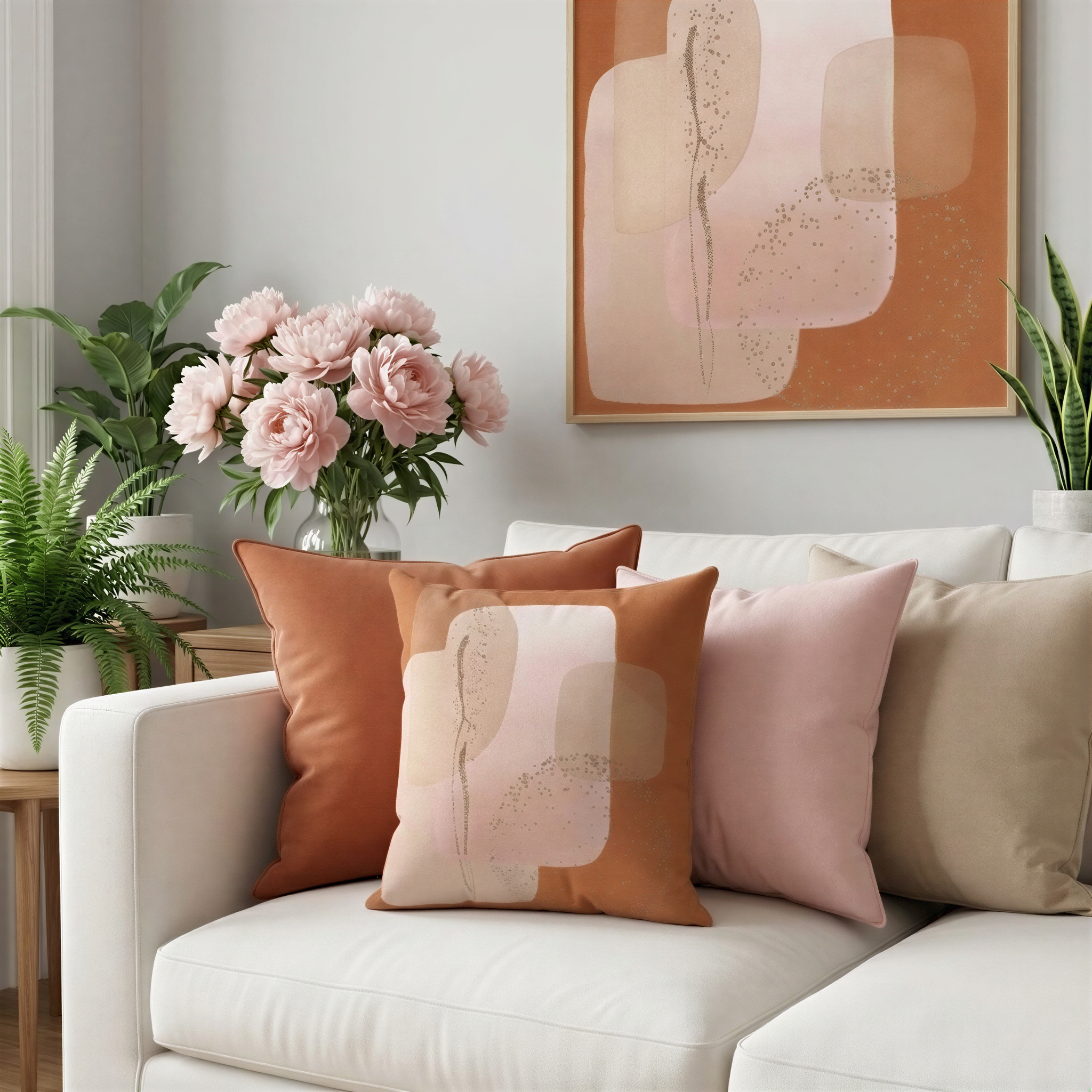 a cozy living room with a white sofa adorned with orange and pink throw pillows. A vase of pink flowers is placed on the sofa, adding a touch of nature to the space. The room is decorated with a large abstract painting hanging on the wall, and there are several potted plants around the room, creating a warm and inviting atmosphere.