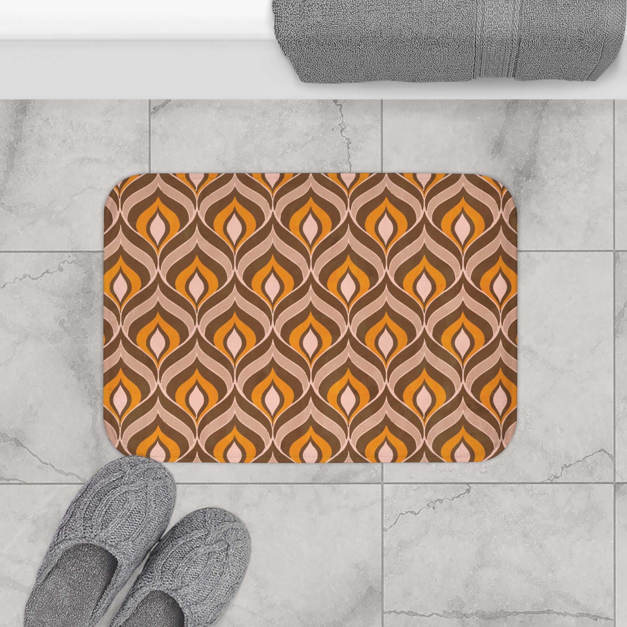 Boho Abstract Bath, Kitchen Mat, Rug | Dark Brown Burnt Orange Beige