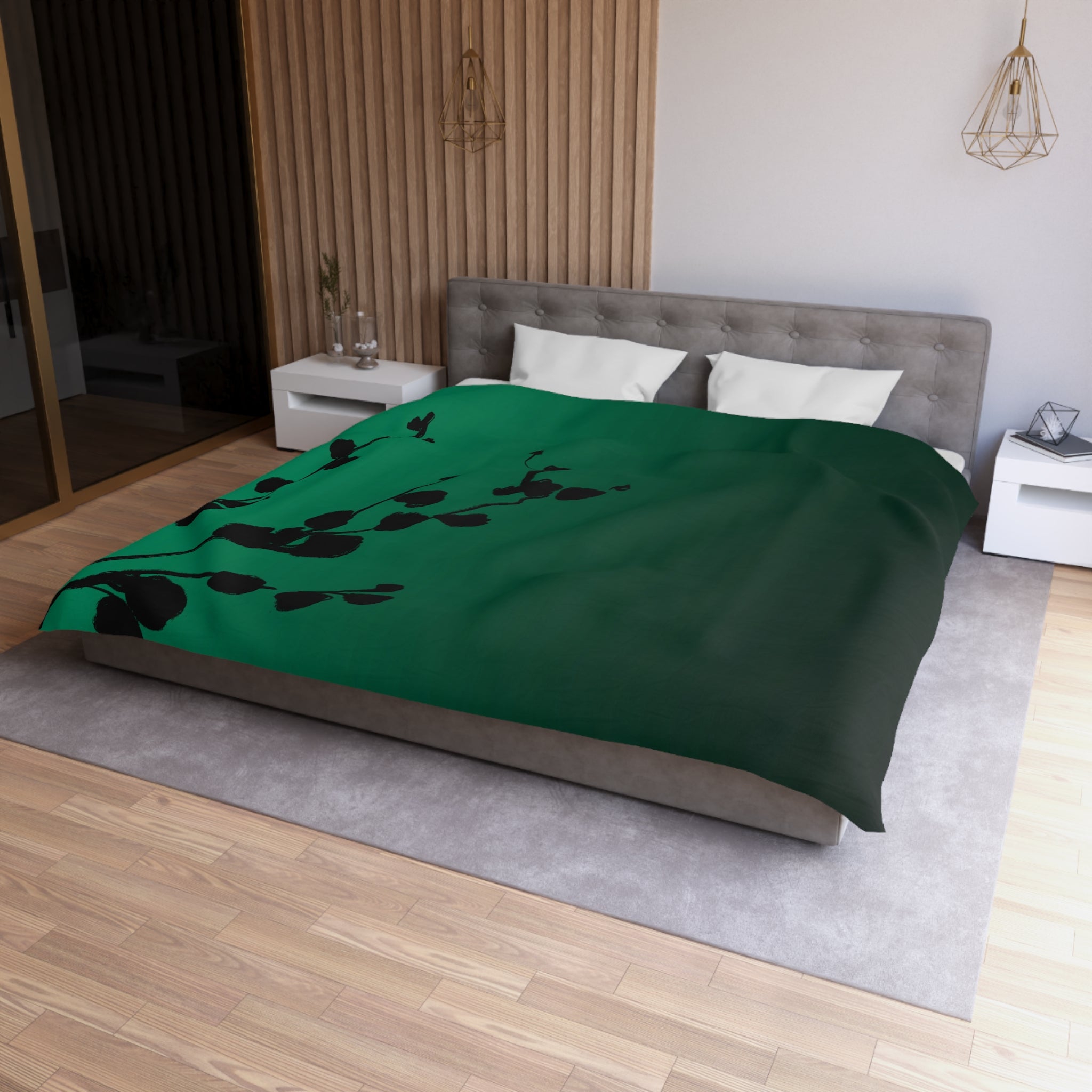Abstract Duvet Cover | Green Ombre, Black leaves | Bedroom Decor