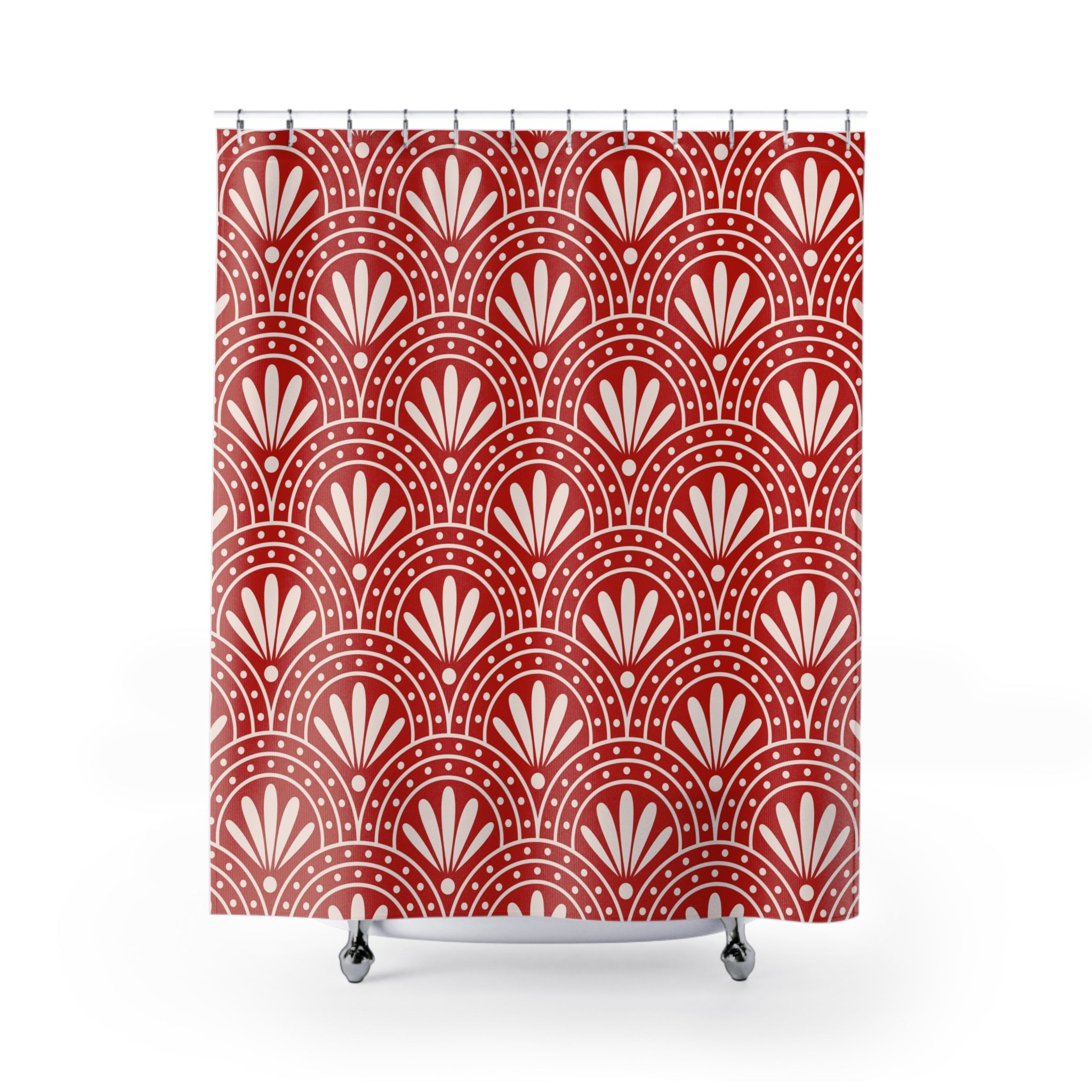 a red and white shower curtain with a fan pattern