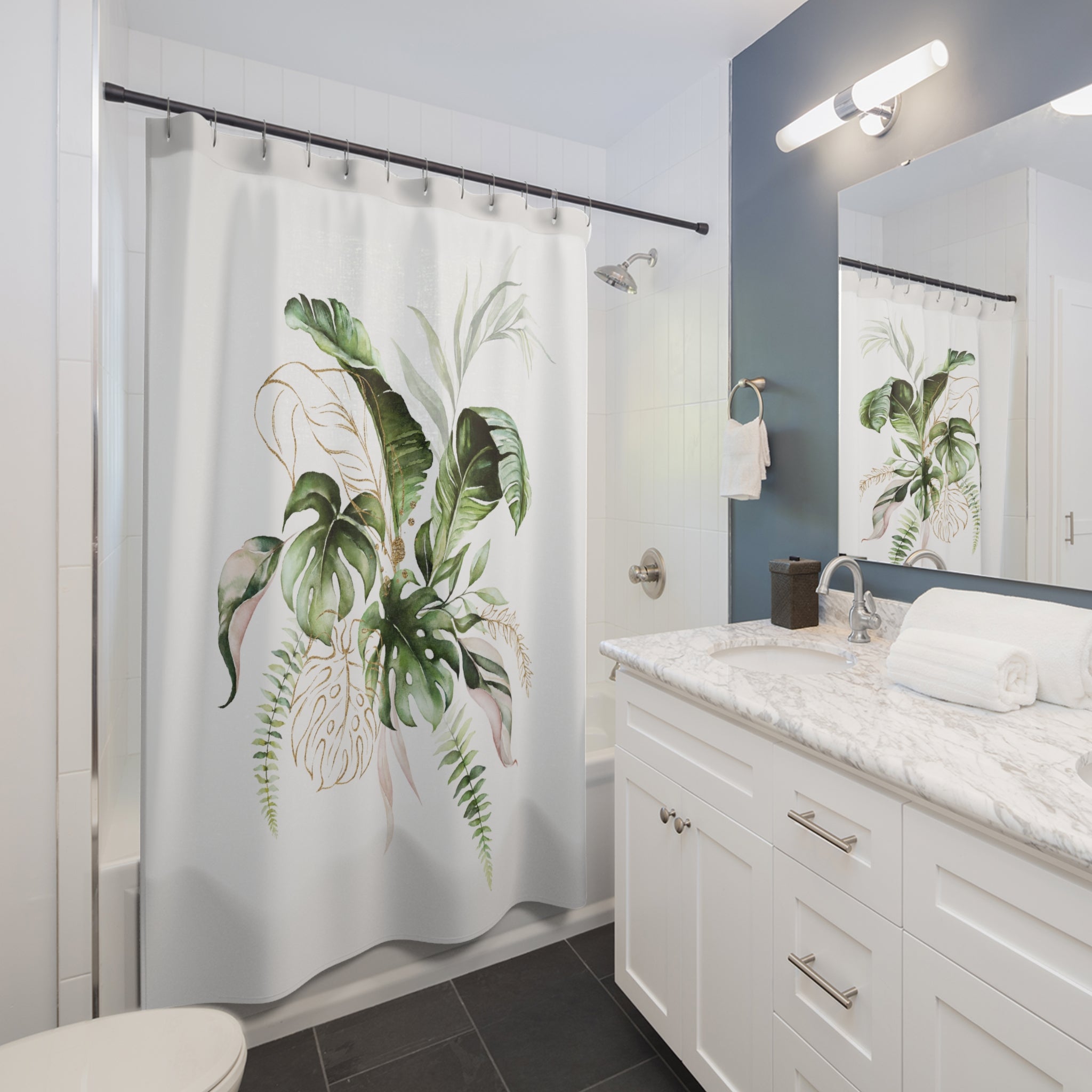 Modern Floral Shower Curtain | Green White, Tropical Monstera Leaves