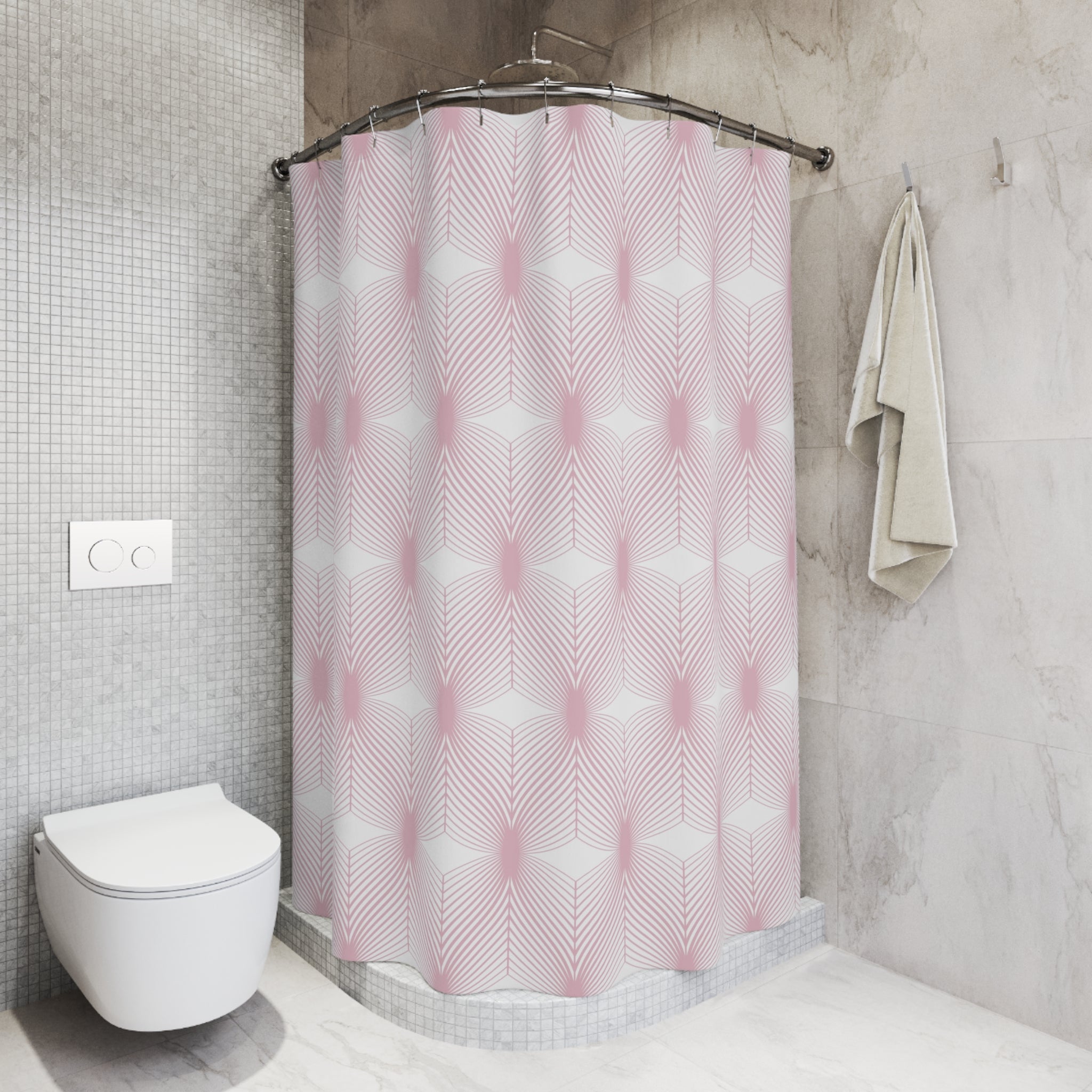 Boho Shower Curtain | Retro Art Deco White Blush Pink, Geometric