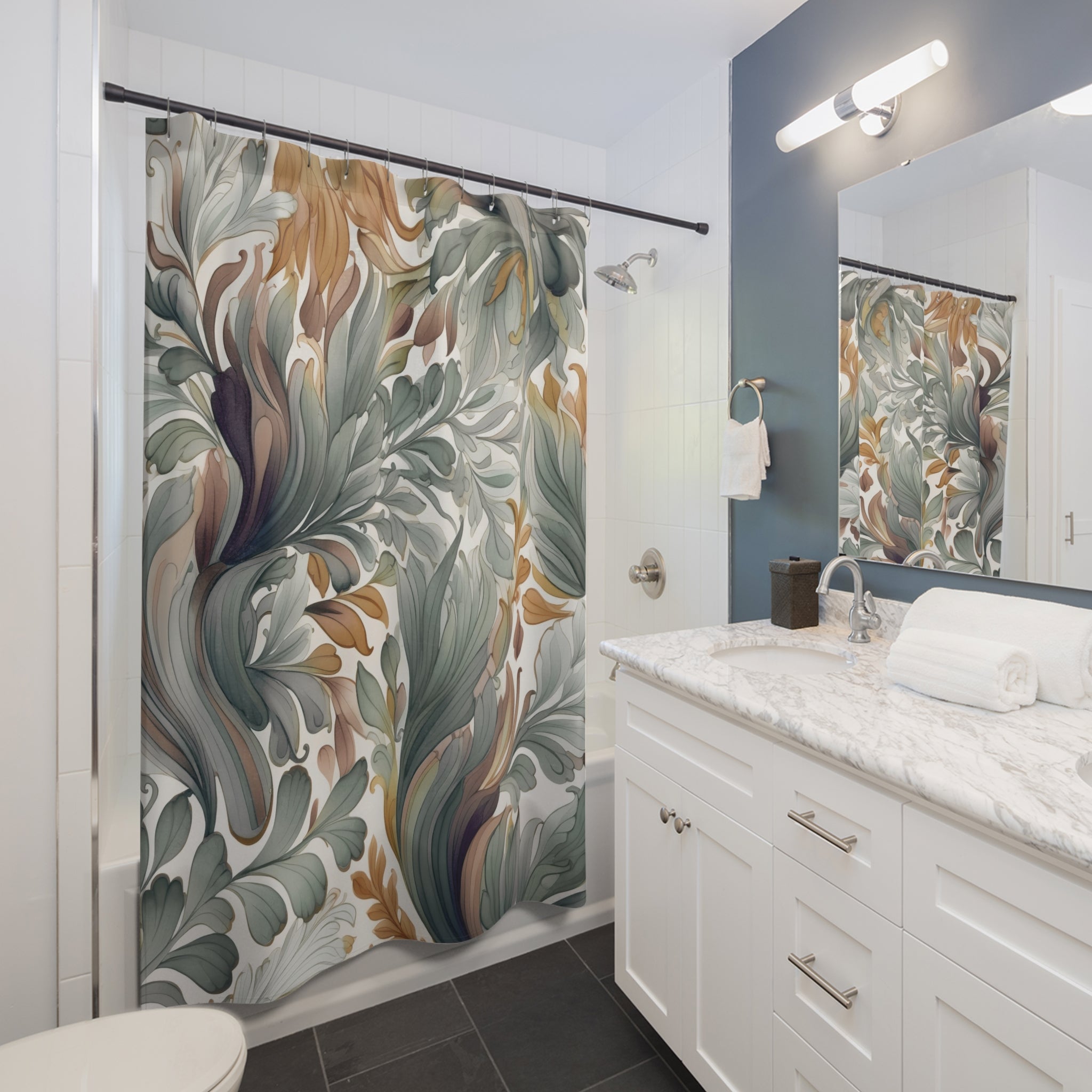 Whimsical Boho Shower Curtain | Grey Beige Abstract Leaves