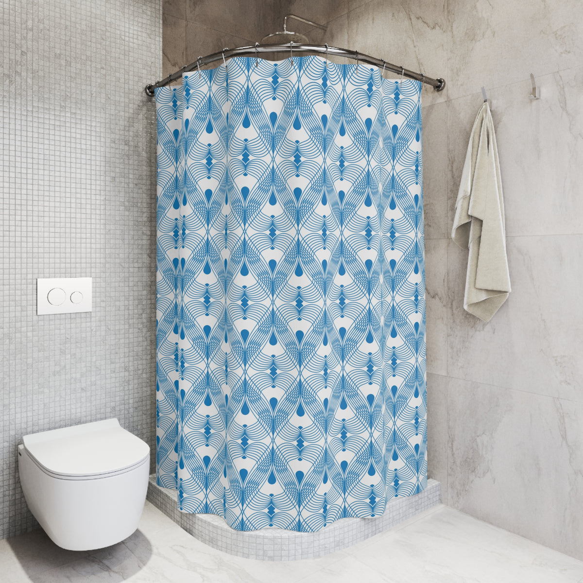 a bathroom with a white toilet, a shower with a blue and white patterned shower curtain, and a towel hanging on a hook.