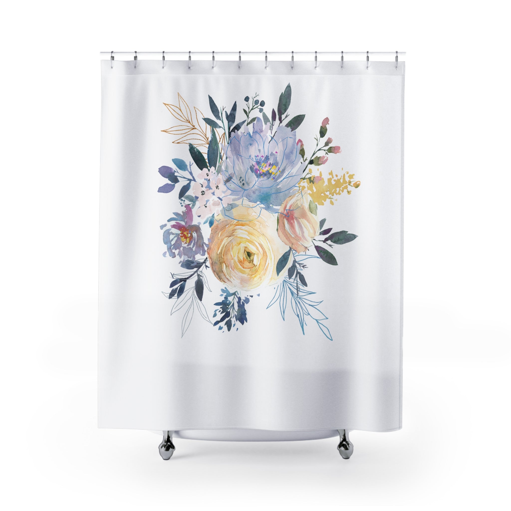Modern Floral Shower Curtain | Blue Yellow, White Botanical