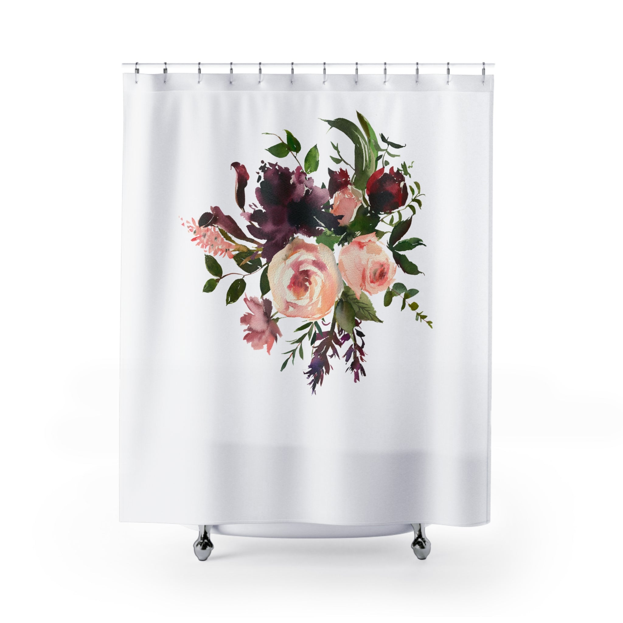 Modern Floral Shower Curtain | Burgundy Purple, Peach Green White Botanical