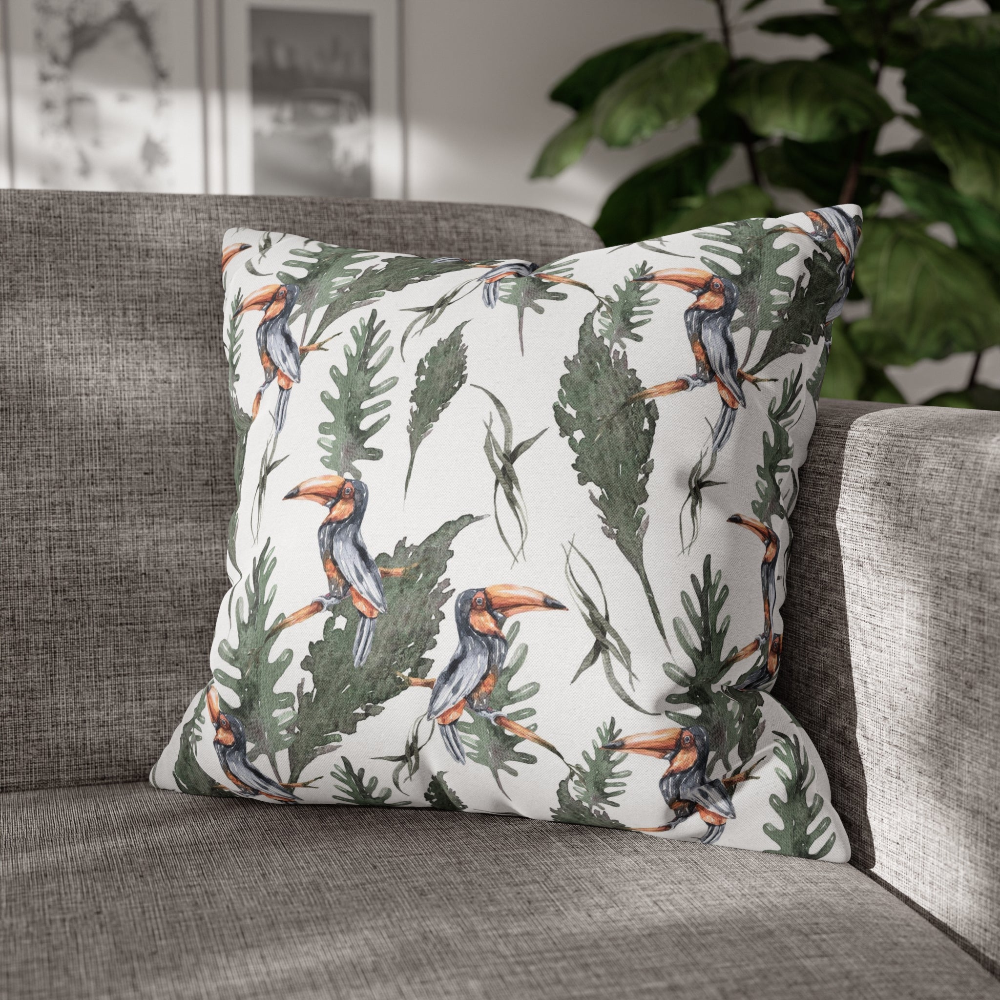 Tropical Tucan Floral Pillow Cover | White Sage Green Jungle Leaves