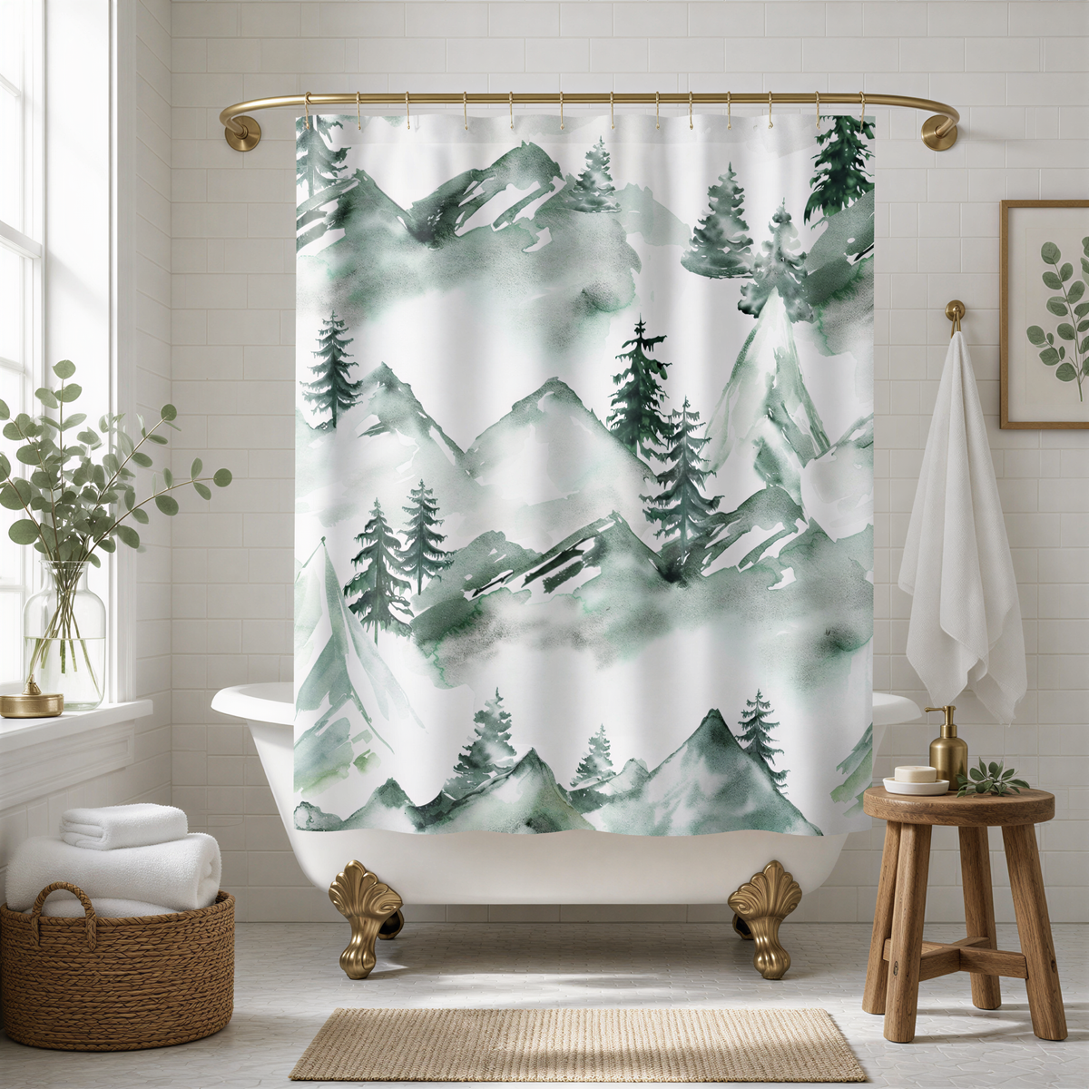 a bathroom with a white clawfoot bathtub, a shower curtain with a mountain landscape design, and a wooden stool. The bathroom has a rustic, natural aesthetic with the use of green and white colors.
