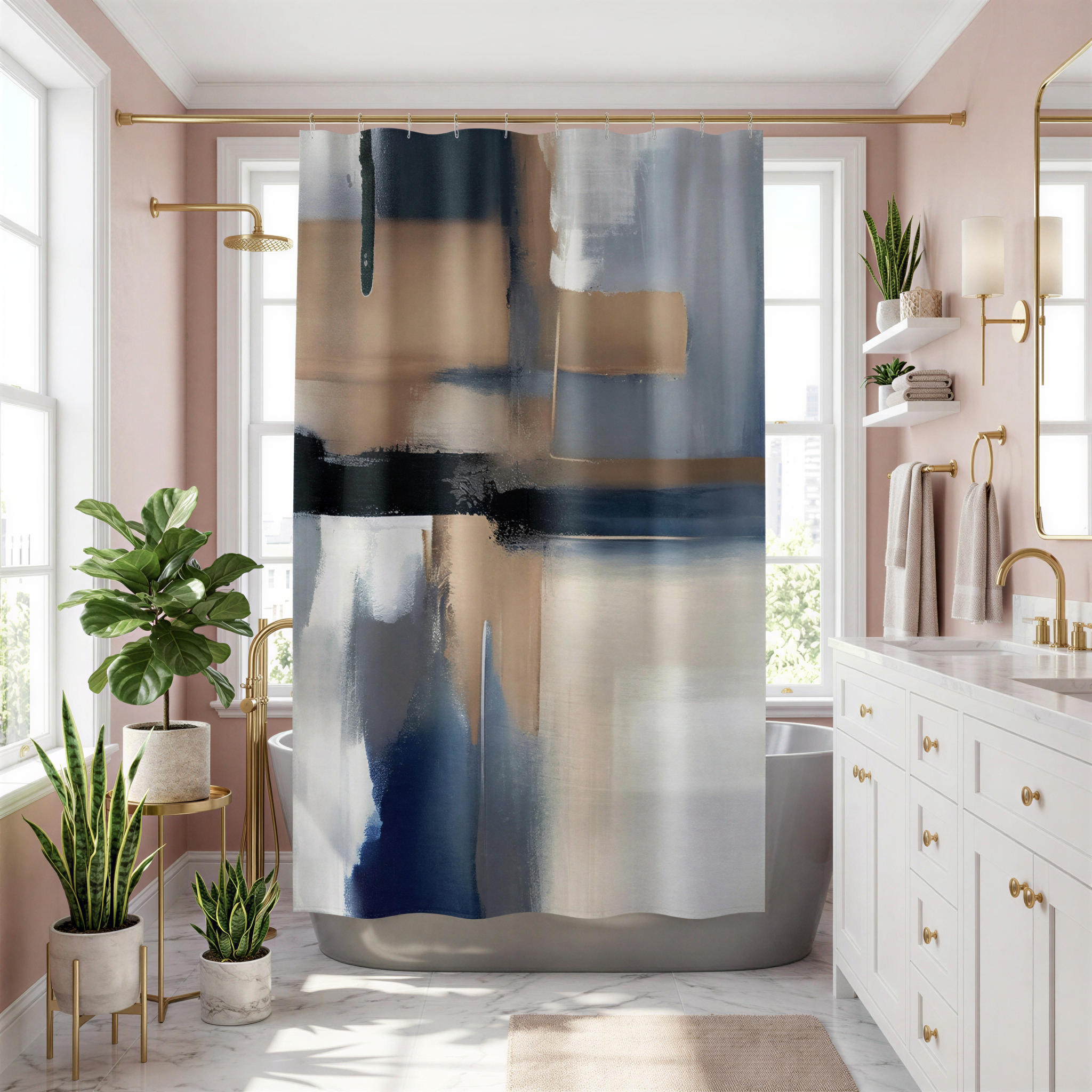a modern bathroom with a large abstract painting hanging on the wall above a bathtub. The bathroom is decorated with white cabinets, a large window, and various potted plants.