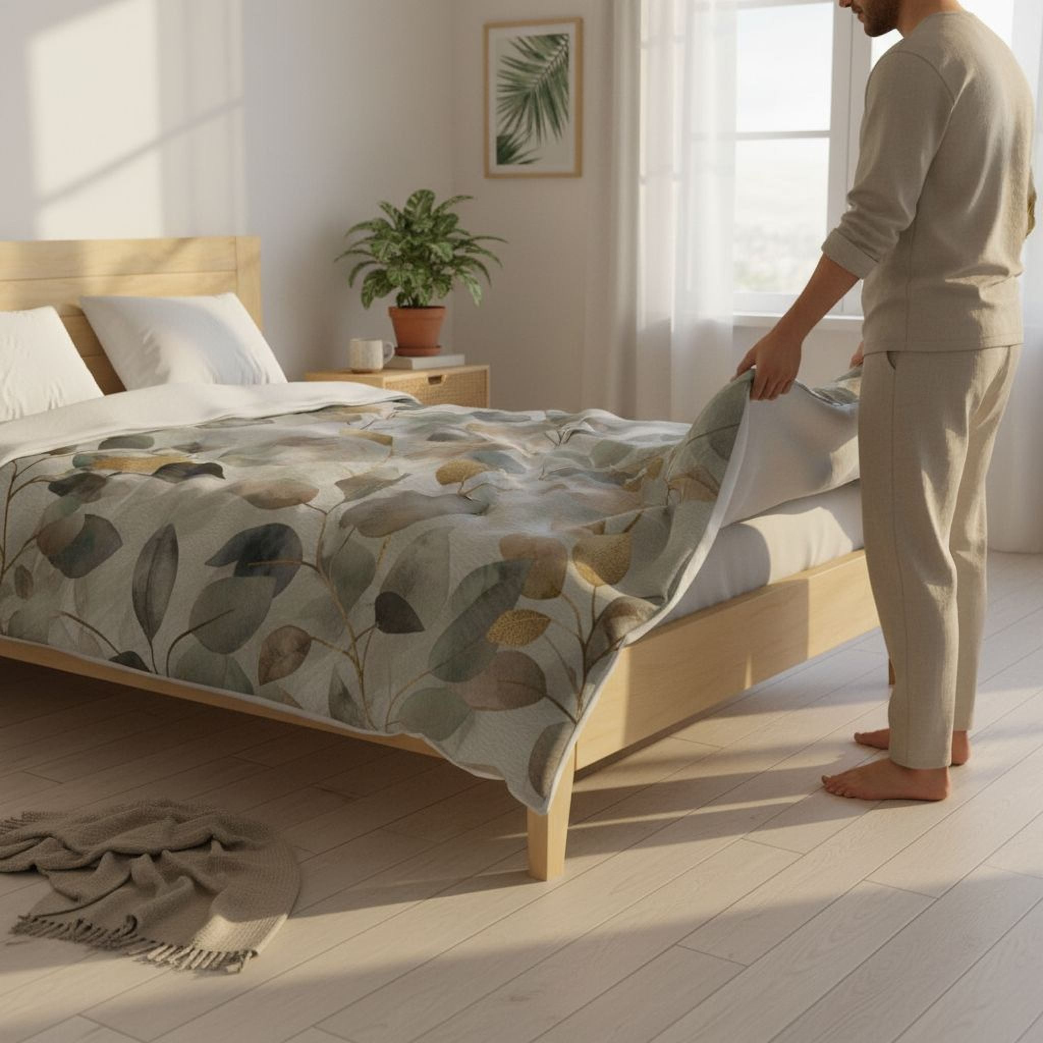 A person is arranging a bed with a leaf-patterned comforter and pillows in a bedroom with a wooden headboard and a potted plant on a nightstand.