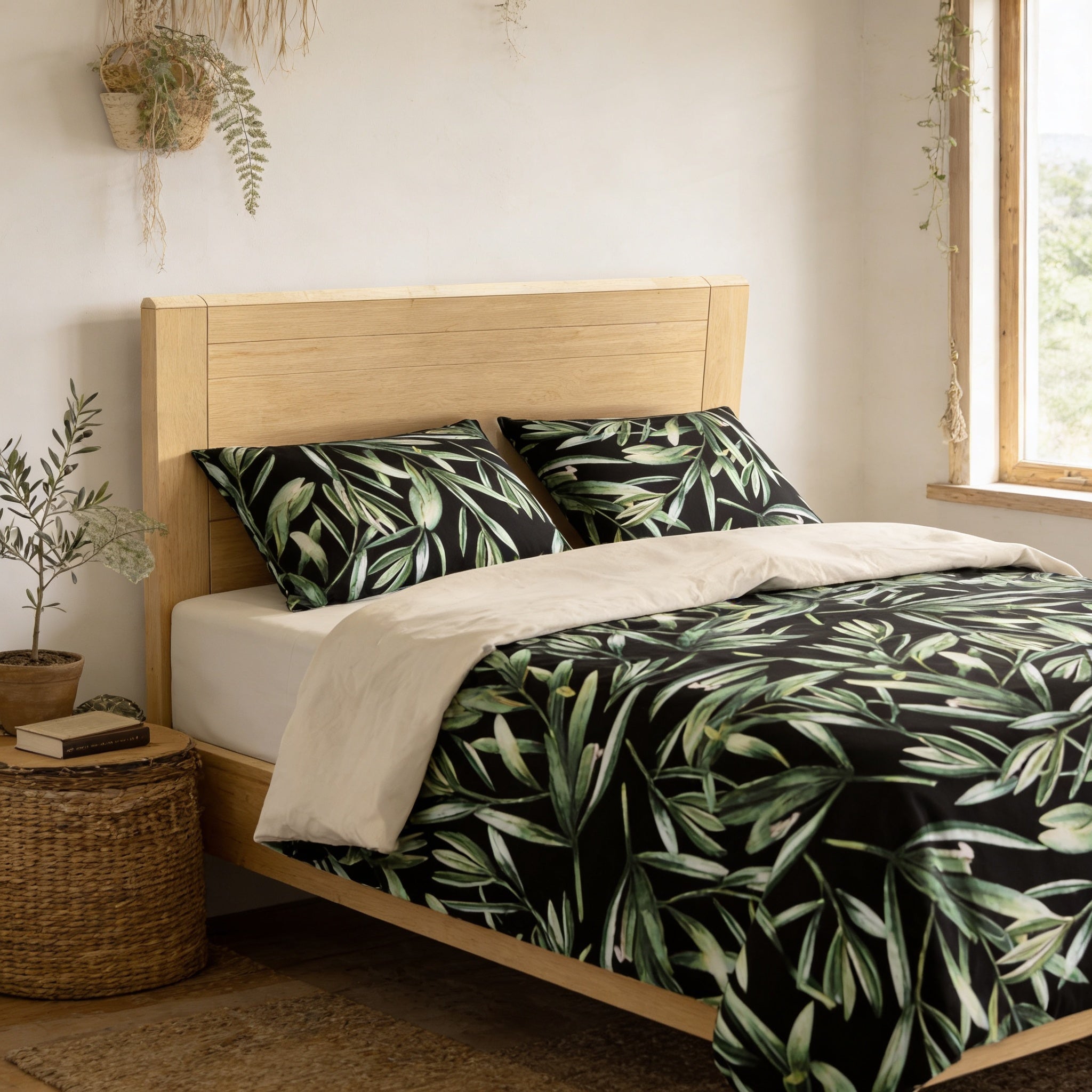 a bedroom with a bed covered in a black and green leafy patterned comforter and pillows. The bed is positioned against a wall with a window, and there are potted plants and a woven basket nearby.