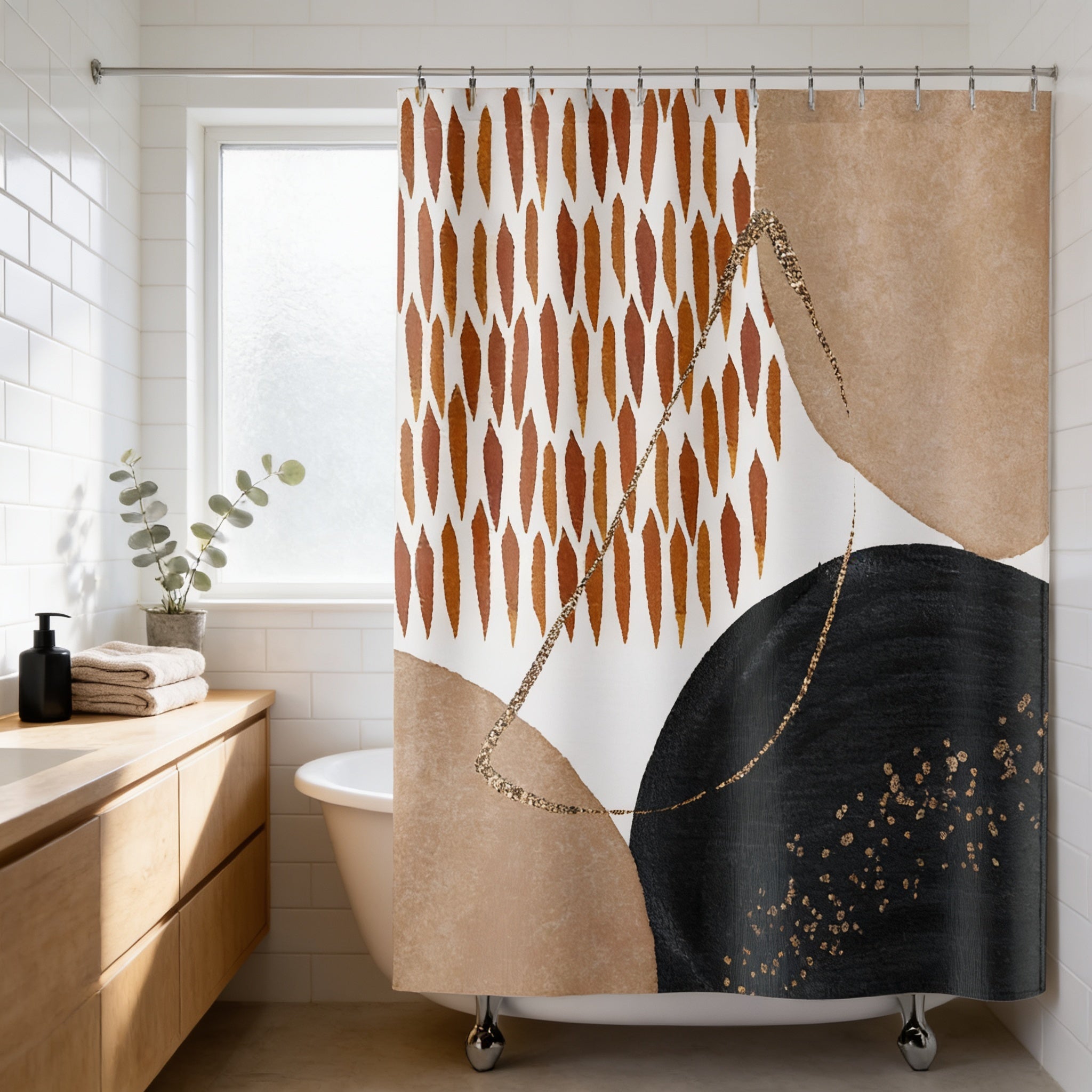 a bathroom with a shower curtain featuring a bold abstract design in shades of brown and black, with gold accents. The shower curtain is hanging from a rod, and there is a potted plant and a bottle on the countertop.