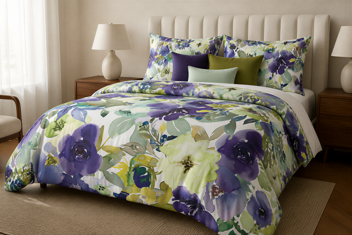 a bedroom with a large bed covered in a colorful floral comforter. The bed is surrounded by matching pillows and a headboard. The room has a neutral color scheme with white walls and a beige carpet.