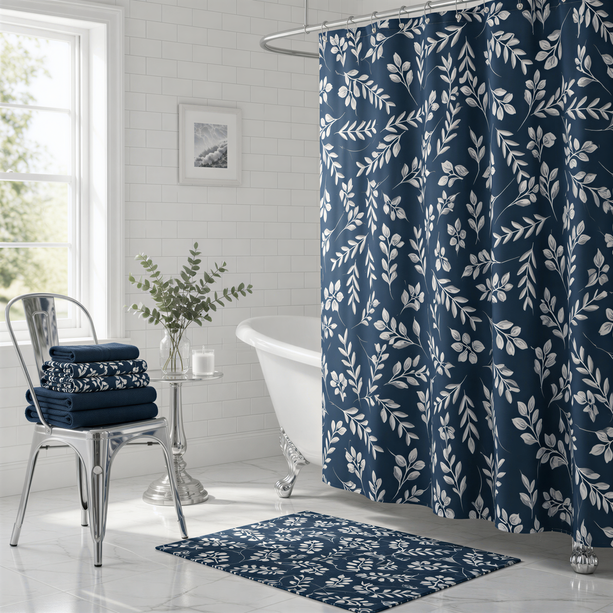 a bathroom with a white bathtub, a blue and white patterned shower curtain, a stack of folded towels, a small table with a vase of greenery, and a rug on the floor.