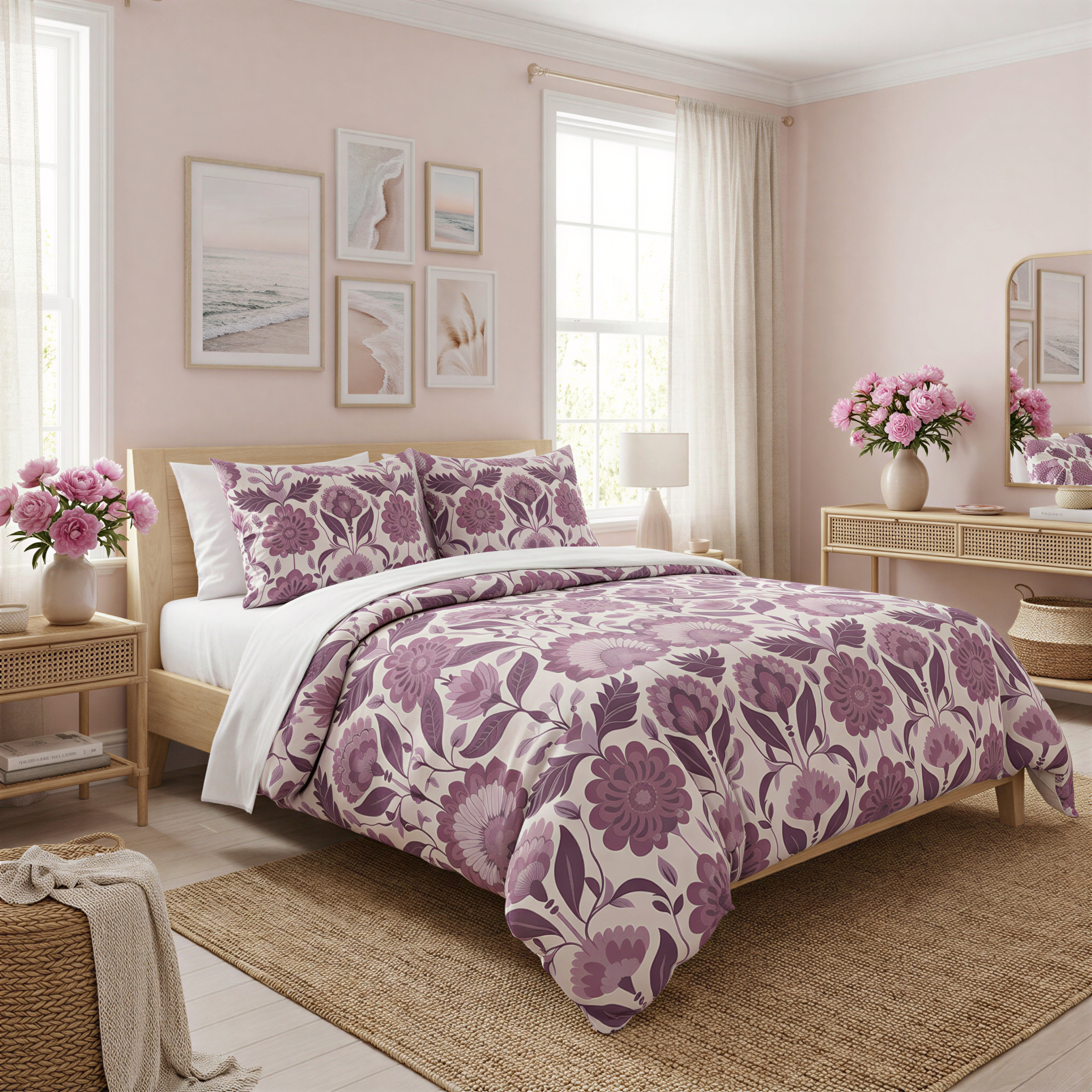 a bedroom with a large bed covered in a purple floral comforter. The room has a neutral color scheme with pink walls and a beige rug. There are two nightstands with lamps, and the room also features a mirror and a window with curtains. The overall decor has a cohesive and harmonious appearance.