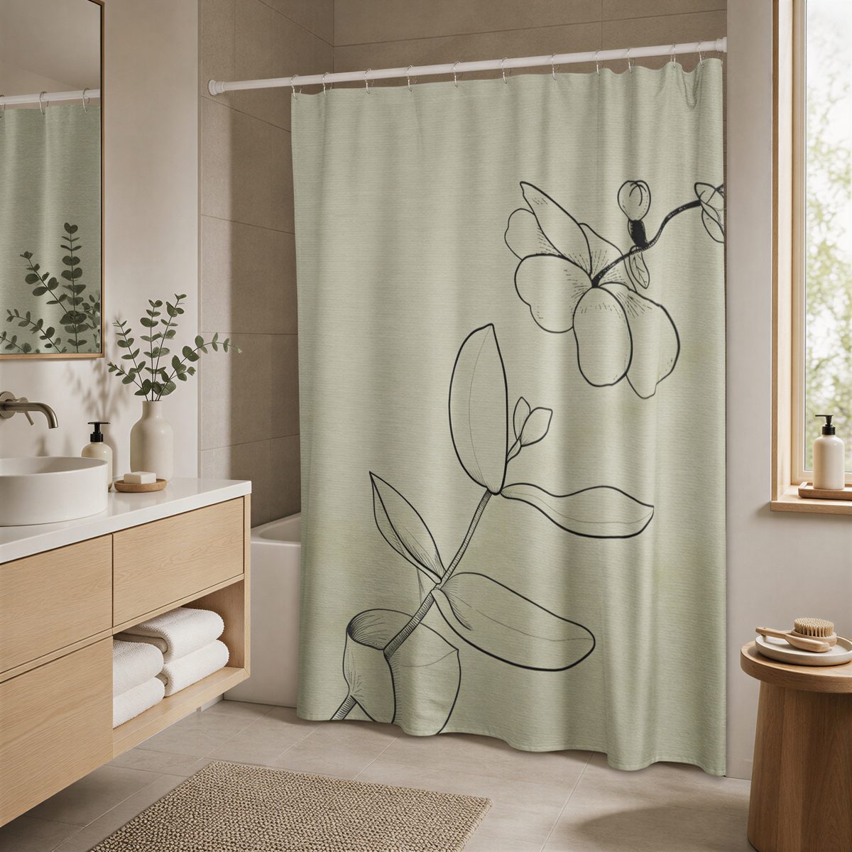 a bathroom with a shower curtain featuring a floral design.