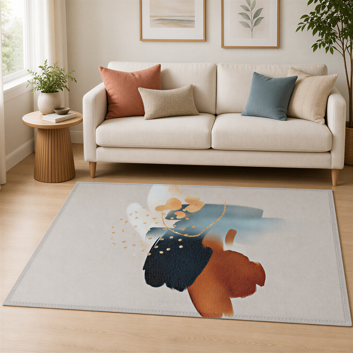a cozy living room with a white sofa, a wooden side table, and a large abstract rug on the floor.